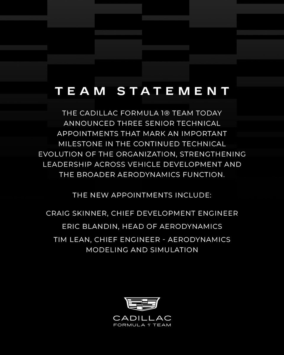 Cadillac_F1's tweet photo. Today marks another step forward for the Cadillac Formula 1® Team, as we announce three senior technical appointments who will join us in the next few months.

With championship-winning experience across vehicle development, aerodynamics, and modeling, they will add valuable expertise as we continue to grow our technical team.

Read more through the link in our bio.