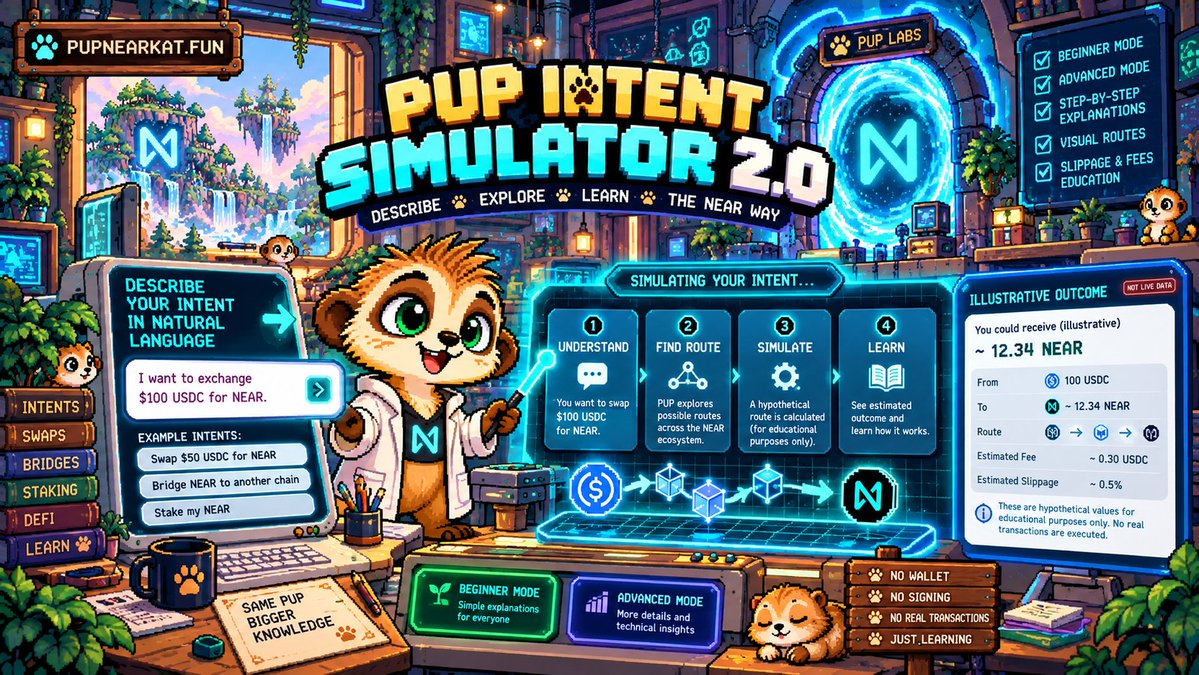 NearkatPUP's tweet photo. 2/ Introducing PUP Intent Simulator 2.0!

What if you could tell blockchain what you WANT to do… and watch PUP break it down, step by step? 👀

💬 Describe your intent in plain English
🧠 Watch PUP interpret your goal
⚡ Visualize the simulated route
📚 Learn about swaps, slippage & fees
🎮 Explore in Beginner or Advanced Mode
No wallet. No signing. No real transactions.
Just interactive blockchain education, powered by PUP energy. 🧪
From “I want to swap $100 USDC for NEAR” to understanding how intents work.
Less confusion. More exploration. Bigger brains. 🧠🐾

The future of learning on NEAR just got a little more PUP-shaped.