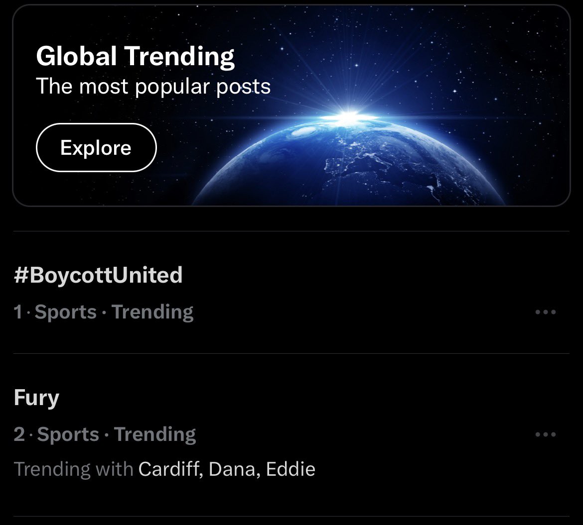 sullyexcl's tweet photo. #1 trending now in the entire UK, even above the Fury Joshua fight news which is arguably the biggest boxing fight built up in the last decade.

It's about consistency and maintaining this pressure. Tonight we focus on MUTV &amp; club merchandise. Together we're United #BoycottUnited https://t.co/VLdqS38Qey