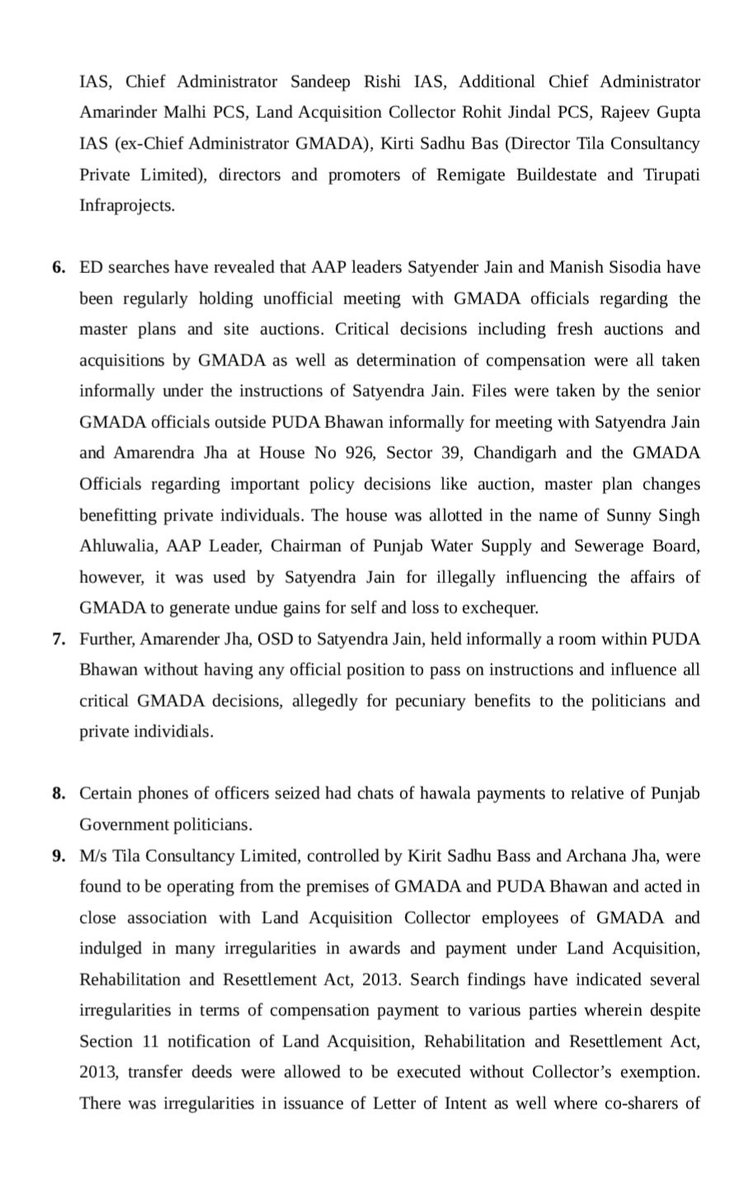 bsmajithia's tweet photo. 🚨 All records broken by ‘Kattar Imandaar’ in corruption! 👇

👉 ₹57 crore waiver:  ED says ₹57 crore pecuniary benefit was granted through waiver of statutory dues to Remigate, with alleged collusion of senior GMADA officials.

👉 ₹10,000 crore alleged loss: ED says GMADA’s unsold land reserve prices were allegedly engineered downward before auctions, potentially causing nearly ₹10,000 crore loss to GMADA and Punjab while benefiting builders and politicians.

👉 IAS names in the ED net: ED has named IAS officers Vikas Garg, Principal Secretary, Housing and Urban Development; Sandeep Rishi, Chief Administrator, GMADA; and former GMADA Chief Administrator Rajeev Gupta, besides PCS officers Amarinder Malhi, Additional Chief Administrator, and Rohit Jindal, Land Acquisition Collector.

👉 Satyender Jain link: ED says AAP leaders Satyender Jain and Manish Sisodia held unofficial meetings with GMADA officials over master plans, auctions and acquisitions. Files were allegedly taken for meetings with Jain and his OSD Amarender Jha.

👉 926 Kothi connection: ED says House No. 926, Sector 39, Chandigarh, allotted in the name of Sunny Singh Ahluwalia, AAP leader and Punjab Water Supply and Sewerage Board chairman, was allegedly used by Satyender Jain for meetings concerning GMADA decisions.
👉 Private players, HAWALA and ₹238 crore: ED names Jagmohan Garg and Manmohan Garg of Tirupati Infra, and Kirit Sadhu Bass and Archana Jha of Tila Consultancy, alleging irregularities in land acquisition, compensation and Letters of Intent. ED also says seized phones contained chats about alleged hawala payments to relatives of Punjab politicians, while the probe stems from an alleged ₹238 crore bank fraud.

👉 Meet the Actor, Director, Producer, the whole crew of this Corruption Movie- @ArvindKejriwal , @BhagwantMann , @SatyendarJain, @msisodia , Rajbir Ghuman, Bibhav Kumar, KAP Sinha. 
Everyone of them will face music soon.

ਗੁਰੂ ਦੋਖੀ ਸਮੇਤ ਕੱਟੜ ਇਮਾਨਦਾਰਾਂ’ ਨੇ ਭ੍ਰਿਸ਼ਟਾਚਾਰ ਦੇ ਸਾਰੇ ਰਿਕਾਰਡ ਤੋੜ ਦਿੱਤੇ! ਇਹਨਾਂ ਦਾ ਨਾਮ ਗਿਨੀਜ਼ ਬੁੱਕ ਆਫ ਵਰਲਡ ਰਿਕਾਰਡ ਵਿੱਚ ਸ਼ਾਮਿਲ ਕੀਤਾ ਜਾਵੇ

👉ਪੰਜਾਬ ਨੂੰ ਲੁੱਟ ਕੇ ਖਾ ਗਏ ਗੁਰੂ ਦੋਖੀ, ਹੁਣ ED ਨੇ ਸਾਰੀ ਪੋਲ ਖੋਲ ਦਿੱਤੀ ਹੈ

👉 57 ਕਰੋੜ ਦੀ ਮੁਆਫੀ - ਸਿੱਧੀ ਲੁੱਟ: ED ਨੇ ਕਿਹਾ ਹੈ ਕਿ GMADA ਦੇ ਸੀਨੀਅਰ ਅਧਿਕਾਰੀਆਂ ਦੀ ਮਿਲੀਭੁਗਤ ਨਾਲ Remigate ਨਾਮੀ ਪ੍ਰਾਈਵੇਟ ਕੰਪਨੀ ਨੂੰ 57 ਕਰੋੜ ਰੁਪਏ ਦੇ ਸਰਕਾਰੀ ਬਕਾਏ ਮੁਆਫ਼ ਕਰਕੇ ਸਿੱਧਾ ਜੇਬ ਭਰੀ ਗਈ।

👉 10,000 ਕਰੋੜ ਦਾ ਮਹਾਂ-ਘਪਲਾ: ED ਅਨੁਸਾਰ GMADA ਦੀਆਂ ਨਾ-ਵਿਕੀਆਂ ਜ਼ਮੀਨਾਂ ਦੀ ਰਾਖਵੀਂ ਕੀਮਤ ਨੂੰ ਨਿਲਾਮੀ ਤੋਂ ਪਹਿਲਾਂ ਜਾਣਬੁੱਝ ਕੇ ਘਟਾਇਆ ਗਿਆ। ਇਸ ਨਾਲ GMADA ਅਤੇ ਪੰਜਾਬ ਦੇ ਖਜ਼ਾਨੇ ਨੂੰ ਲਗਭਗ 10,000 ਕਰੋੜ ਰੁਪਏ ਦਾ ਨੁਕਸਾਨ ਹੋਇਆ ਅਤੇ ਸਾਰਾ ਫਾਇਦਾ ਬਿਲਡਰਾਂ ਤੇ ਸਿਆਸਤਦਾਨਾਂ ਨੂੰ ਦਿੱਤਾ ਗਿਆ।

👉 IAS ਅਧਿਕਾਰੀ ED ਦੇ ਜਾਲ ਵਿੱਚ:ED ਨੇ ਇਸ ਘੁਟਾਲੇ ਵਿੱਚ ਵੱਡੇ ਅਧਿਕਾਰੀਆਂ ਦੇ ਨਾਮ ਲਏ ਹਨ - ਹਾਊਸਿੰਗ ਤੇ ਸ਼ਹਿਰੀ ਵਿਕਾਸ ਵਿਭਾਗ ਦੇ ਪ੍ਰਮੁੱਖ ਸਕੱਤਰ ਵਿਕਾਸ ਗਰਗ, GMADA ਦੇ ਮੁੱਖ ਪ੍ਰਸ਼ਾਸਕ ਸੰਦੀਪ ਰਿਸ਼ੀ, ਸਾਬਕਾ ਮੁੱਖ ਪ੍ਰਸ਼ਾਸਕ ਰਾਜੀਵ ਗੁਪਤਾ, ਇਸ ਤੋਂ ਇਲਾਵਾ PCS ਅਧਿਕਾਰੀ ਅਮਰਿੰਦਰ ਮਲੀ ਅਤੇ ਰੋਹਿਤ ਜਿੰਦਲ।

👉 ਸਤੇਂਦਰ ਜੈਨ ਲਿੰਕ - ਦਿੱਲੀ ਤੋਂ ਪੰਜਾਬ ਦੀ ਲੁੱਟ ਦਾ ਮਾਸਟਰਮਾਈਂਡ:ED ਦਾ ਕਹਿਣਾ ਹੈ ਕਿ AAP ਆਗੂ ਸਤੇਂਦਰ ਜੈਨ ਅਤੇ ਮਨੀਸ਼ ਸਿਸੋਦੀਆ ਨੇ GMADA ਅਧਿਕਾਰੀਆਂ ਨਾਲ ਮਾਸਟਰ ਪਲਾਨ, ਨਿਲਾਮੀਆਂ ਅਤੇ ਜ਼ਮੀਨਾਂ ਦੀ ਖਰੀਦ ਨੂੰ ਲੈ ਕੇ ਗੈਰ-ਸਰਕਾਰੀ ਮੀਟਿੰਗਾਂ ਕੀਤੀਆਂ। ਸਰਕਾਰੀ ਫਾਈਲਾਂ ਚੁੱਕ ਕੇ ਜੈਨ ਅਤੇ ਉਸਦੇ OSD ਅਮਰਿੰਦਰ ਝਾਅ ਨਾਲ ਮੀਟਿੰਗਾਂ ਲਈ ਲਿਜਾਈਆਂ ਜਾਂਦੀਆਂ ਸਨ।

👉 ਕੋਠੀ ਨੰਬਰ 926 - ਭ੍ਰਿਸ਼ਟਾਚਾਰ ਦਾ ਅੱਡਾ:ED ਅਨੁਸਾਰ ਚੰਡੀਗੜ੍ਹ ਦੇ ਸੈਕਟਰ 39 ਦੀ ਕੋਠੀ ਨੰਬਰ 926, ਜੋ AAP ਆਗੂ ਅਤੇ ਪੰਜਾਬ ਵਾਟਰ ਸਪਲਾਈ ਤੇ ਸੀਵਰੇਜ ਬੋਰਡ ਦੇ ਚੇਅਰਮੈਨ ਸੰਨੀ ਸਿੰਘ ਆਹਲੂਵਾਲੀਆ ਦੇ ਨਾਮ 'ਤੇ ਅਲਾਟ ਹੈ, ਉਸਨੂੰ ਸਤੇਂਦਰ ਜੈਨ ਵੱਲੋਂ GMADA ਦੇ ਫੈਸਲਿਆਂ ਸਬੰਧੀ ਮੀਟਿੰਗਾਂ ਲਈ ਵਰਤਿਆ ਜਾਂਦਾ ਸੀ।

👉 ਪ੍ਰਾਈਵੇਟ ਖਿਡਾਰੀ, ਹਵਾਲਾ ਅਤੇ 238 ਕਰੋੜ ਦਾ ਫਰਾਡ: ED ਨੇ ਤਿਰੁਪਤੀ ਇਨਫਰਾ ਦੇ ਜਗਮੋਹਨ ਗਰਗ ਤੇ ਮਨਮੋਹਨ ਗਰਗ, ਅਤੇ ਟਿਲਾ ਕੰਸਲਟੈਂਸੀ ਦੇ ਕਿਰਿਤ ਸਾਧੂ ਬਾਸ ਤੇ ਅਰਚਨਾ ਝਾਅ ਦਾ ਨਾਮ ਲਿਆ ਹੈ, ਜਿਨ੍ਹਾਂ 'ਤੇ ਜ਼ਮੀਨ ਐਕਵਾਇਰ ਕਰਨ, ਮੁਆਵਜ਼ਾ ਅਤੇ LOI ਵਿੱਚ ਗੜਬੜੀ ਦੇ ਦੋਸ਼ ਹਨ। ED ਨੇ ਇਹ ਵੀ ਕਿਹਾ ਹੈ ਕਿ ਜ਼ਬਤ ਕੀਤੇ ਫੋਨਾਂ ਵਿੱਚੋਂ ਪੰਜਾਬ ਦੇ ਸਿਆਸਤਦਾਨਾਂ ਦੇ ਰਿਸ਼ਤੇਦਾਰਾਂ ਨੂੰ ਹਵਾਲਾ ਰਾਹੀਂ ਪੈਸੇ ਭੇਜਣ ਦੀਆਂ ਚੈਟਾਂ ਮਿਲੀਆਂ ਹਨ, ਜਦਕਿ ਇਸ ਜਾਂਚ ਦੀ ਸ਼ੁਰੂਆਤ 238 ਕਰੋੜ ਰੁਪਏ ਦੇ ਬੈਂਕ ਘਪਲੇ ਤੋਂ ਹੋਈ ਸੀ।
👉ਇਸ ਘਪਲੇ ਦੇ ਐਕਟਰ ਡਾਇਰੈਕਟਰ ਗੁਰੂ ਦੋਖੀ,ਰਾਜਵੀਰ ਘੁੰਮਣ, ਟੋਪੀ ਸਿਨ੍ਹਾ, ਵਿਭਵ ਕੁਮਾਰ, ਸਤਿੰਦਰ ਜੈਨ, ਸਿਸੋਦੀਆ ਸਨ ਜਿਹਨਾਂ ਦੀ ਦੇਖ ਰੇਖ ਵਿੱਚ ਇਹ ਰੈਕੇਟ ਚਲ ਰਿਹਾ ਸੀ ਸਭ ਫੜ੍ਹੇ ਜਾਣਗੇ।