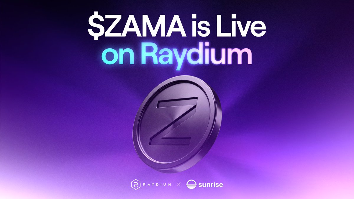 Raydium's tweet photo. $ZAMA is live on Raydium.

Zama is now trading on Solana via @sunrise, bringing one of crypto’s leading privacy infrastructure assets to Raydium. https://t.co/MgBdFnEbH3