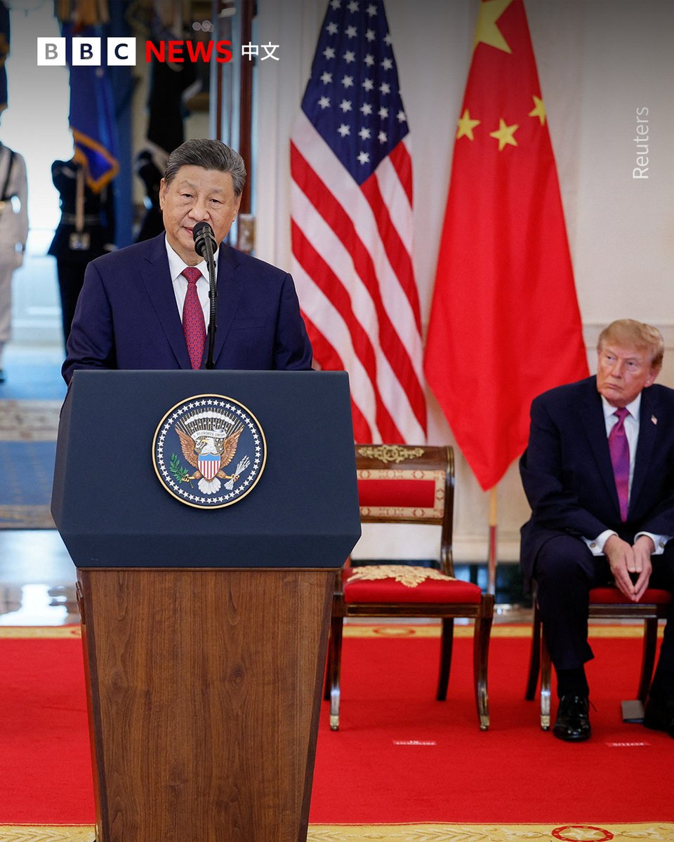 bbcchinese's tweet photo. 中国国家主席习近平与夫人彭丽媛抵达白宫，受到美国总统特朗普与第一夫人梅拉尼娅的欢迎，两国领导人随后分别致辞。

特朗普表示，他与习近平的关系建立在“相互尊重”之上，双方合作已在两国面临的诸多问题上取得“巨大进展”。

他还称，美中正努力建立更平衡的贸易关系，并将就安全、科技与“超级智慧”等议题展开讨论。

习近平表示，中美都是伟大的国家，两国肩负着“促进人类发展进步的历史重任”，他愿与特朗普一道努力，“引领中美关系这艘大船行稳致远”。

习近平还表示，中美两国的竞争应该是“良性的、有边界的”，是“你追我赶的赛跑，而不是你输我赢的角斗”。

更多新闻：https://t.co/xPNsBSoGP4