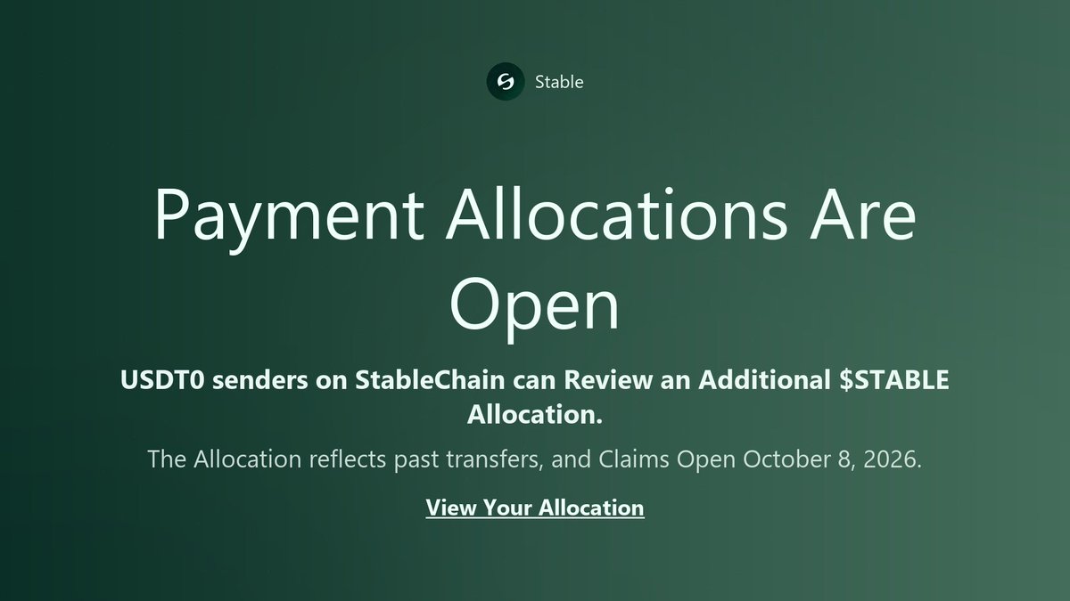 SfablcSystem's tweet photo. @Stable StableChain payment reviews are officially open.

Past USDT0 participants can now verify their standing for the upcoming STABLE distribution on October 8, 2026.

Portal: 
https://t.co/9Rw8Lv6EcW https://t.co/XRLpvi8THC