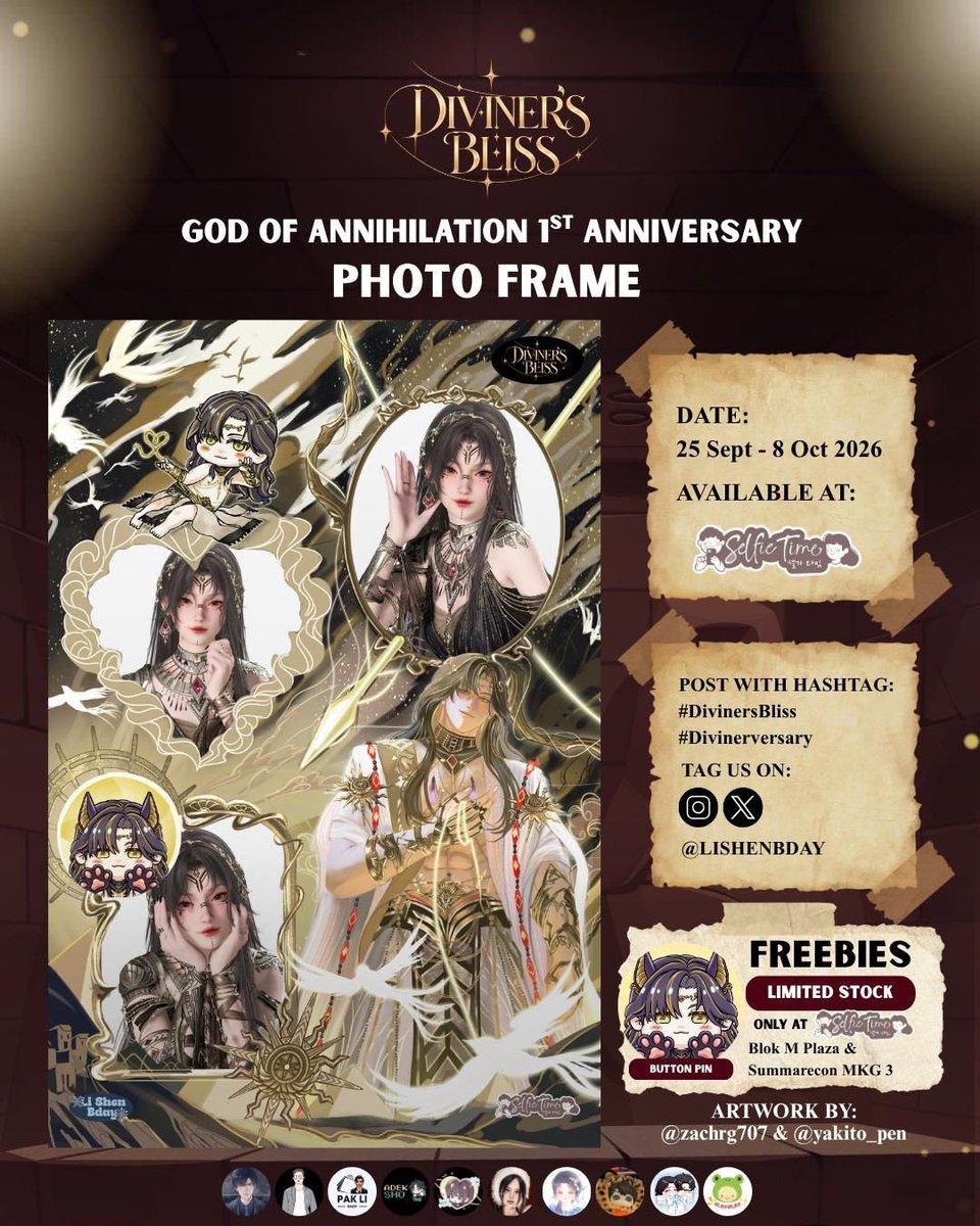 kampungphilos's tweet photo. ✨ DIVINER’S BLISS PHOTO FRAME ✨
Celebrate Zayne’s God of Annihilation 1st Anniversary! ⚜️
📅 25 Sept – 8 Oct 2026
📍 @selfietimeid locations nationwide
🎁 Limited Button Pin at Blok M Plaza & Summarecon MKG 3
Post & tag us @lishenbday
#DivinersBliss #Divinerversary https://t.co/s8zHJTPenS