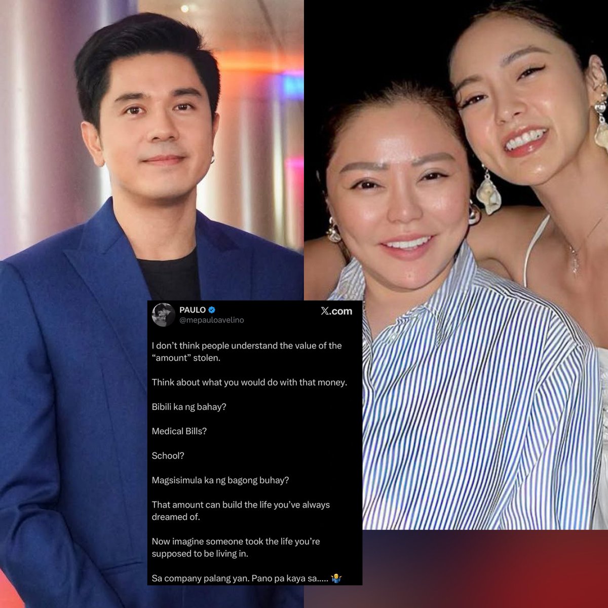 kowalerts's tweet photo. SA COMPANY PALANG YAN.. PAANO PA KAYA SA…

#PauloAvelino nagsalita laban sa mga patuloy na tumutuligsa sa naging hakbang ni #KimChiu na pagpapakulong nito sa kapatid na si Lakam Chiu, tila nais ipakahulugan na hindi lamang ang kumpanya ang siyang ninakawan??

“I don't think people understand the value of the "amount" stolen.

Think about what you would do with that money.
Bibili ka ng bahay?
Medical Bills?
School?
Magsisimula ka ng bagong buhay?

That amount can build the life you've always dreamed of.

Now imagine someone took the life you're supposed to be living in.

Sa company palang yan. Pano pa kaya sa.....”