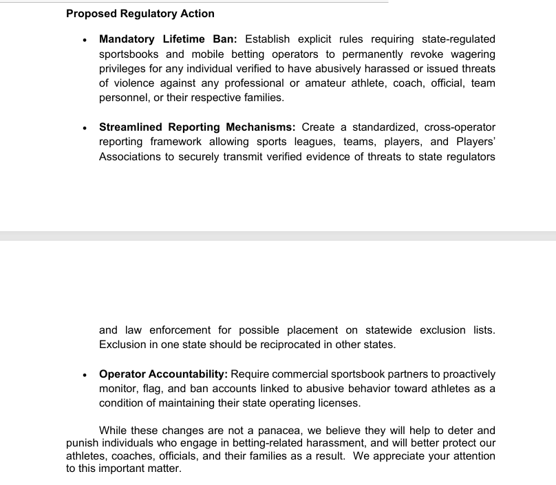 DavidPurdum's tweet photo. The NBA, WNBA, their respective players unions and the referees association have sent a follow-up letter to state gaming regulators asking for more to be done to combat betting-related harassment. https://t.co/oaxSqAL2uT