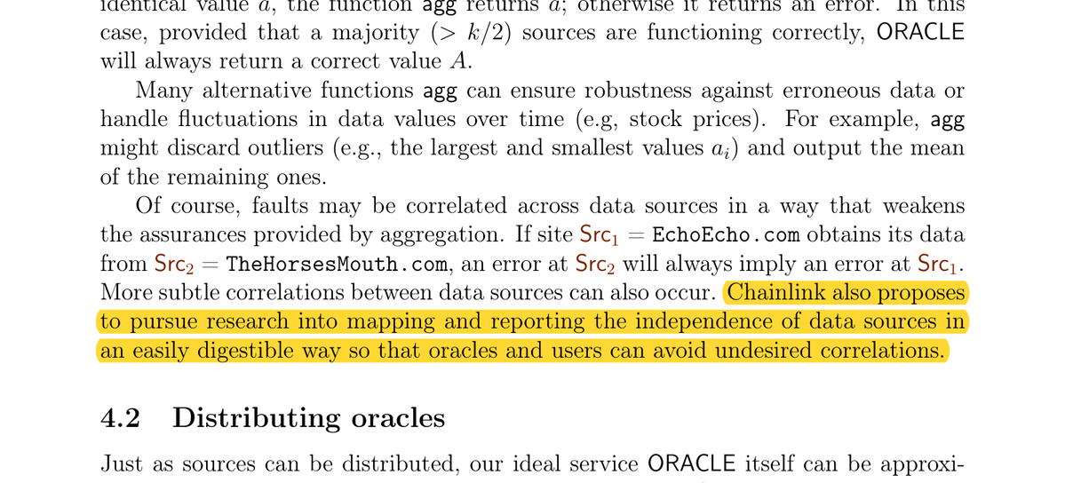 usemonark's tweet photo. September 2017. Chainlink's first whitepaper, section 4.1, page 11. The authors name the problem: faults are correlated across data sources, one feed quietly copying another. And they propose research into "mapping and reporting the independence of data sources".

Nine years later, that map does not exist. Oracle networks still aggregate feeds that may share the same upstream, and nobody publishes the overlap.

This is why we are building Shōgen. Its role: an attested perception layer for agents. It captures what each source said, over an attested transport, and turns it into typed facts. It aggregates them into a quorum verdict. And it attaches to that verdict the thing nobody ships: a diversity certificate, the measured independence of the sources behind it, with the shared upstreams, shared hosts and shared failures written down. All of it verifiable offline by a third party, with no trust in Shōgen itself.

An attestation proves what a source said, never that the source is right. Shōgen is built on that line, and it is the smart piece of the MONARK engine every decision starts from, before the gate says commit, defer or abstain.

Every piece of the engine is built the same way: it fits into a gap the current infrastructure leaves open, one of those holes that stay invisible until they cost a fortune in one afternoon. A price feed with no independence record, a liquidation with no measured coverage, an on-chain equity with no session-level gap on file. We do not replace the infrastructure. We fill what it left out, and we write it down.

https://t.co/BrFOqmU4jV