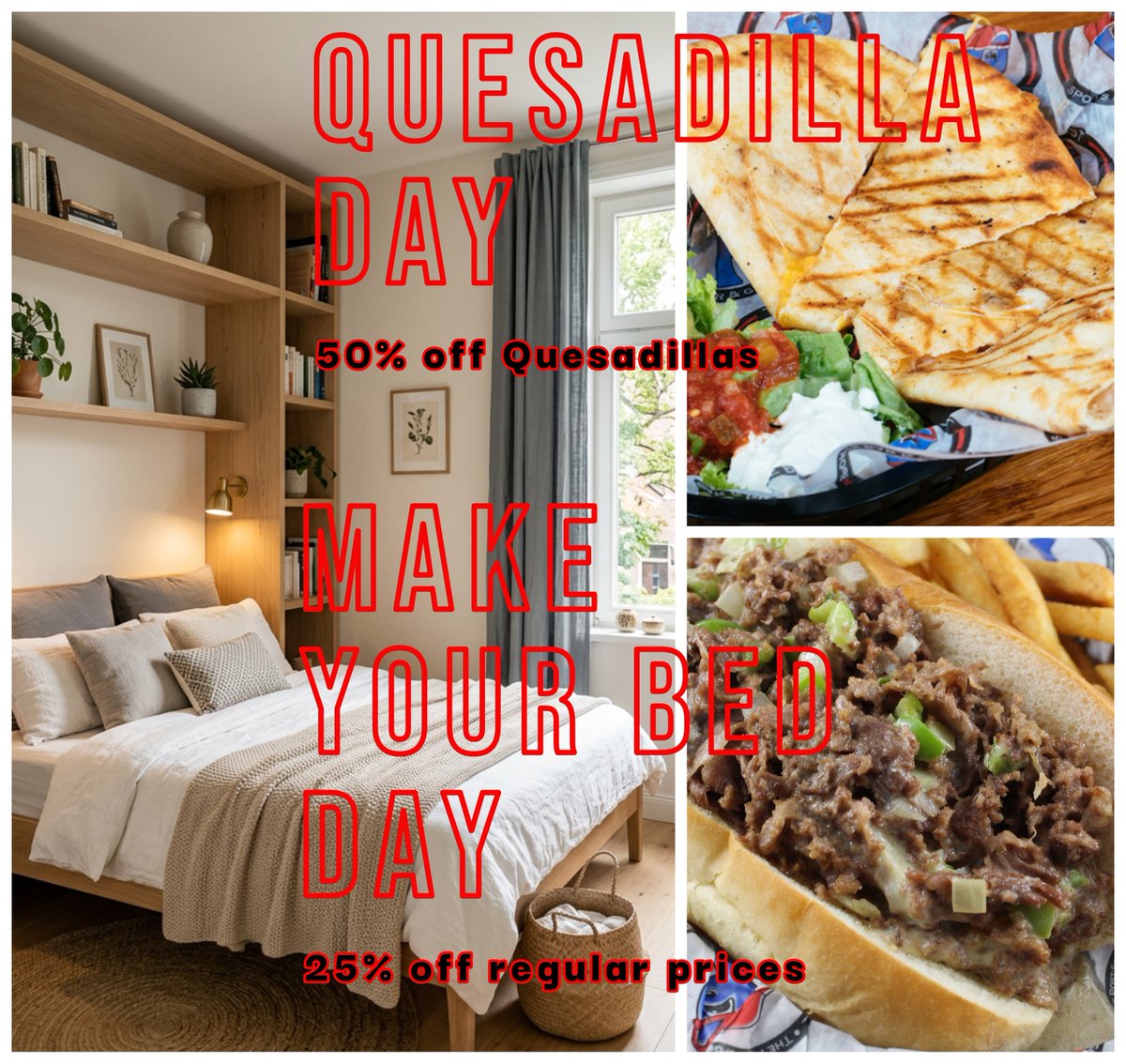 ThePostTweets's tweet photo. 💵 Deal Days coming up! 🤗

🎉 Fri Sep 25th - National Quesadilla Day - 50% off your Quesadilla however you like it! https://t.co/ifmNtLu8RW

🛏️ Tue Sep 29th - Make Your Bed Day - Yes it's a real day in September &amp; we celebrate w/ 25% off! https://t.co/Bkd6PWZbuq 😃 #StayPosted https://t.co/jGd9aGtgRY