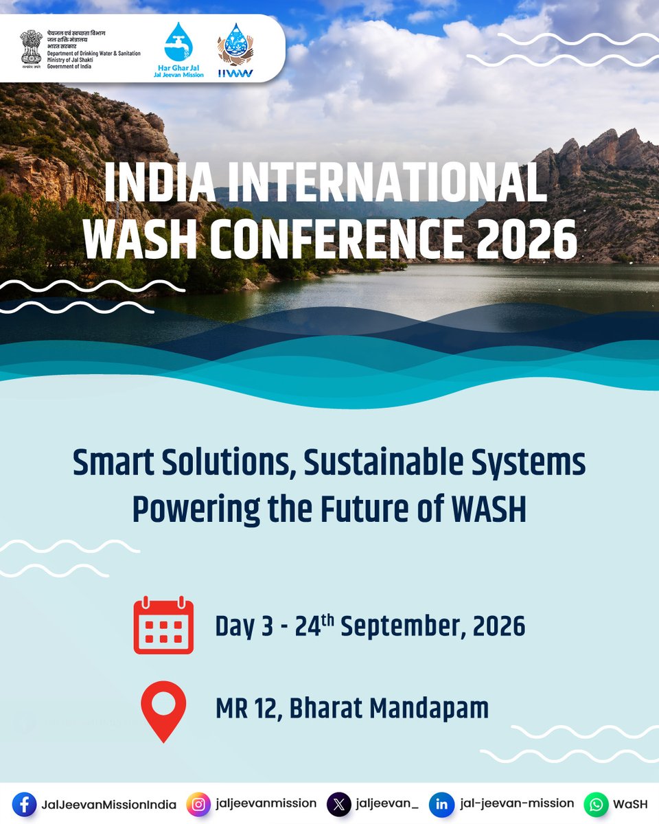 jaljeevan_'s tweet photo. 9वें भारत अंतरराष्ट्रीय जल सप्ताह 2026 के अंतर्गत #IndiaInternationalWaSHConference के तीसरे दिन का शुभारंभ हुआ। 

सत्रों में जल अवसंरचना, जल गुणवत्ता, सामुदायिक स्वामित्व, आर्थिक मॉडल व सेप्टेज प्रबंधन जैसे विषयों पर शोध प्रस्तुतियां हुईं।

#JalJeevanMission 

@IIWW_Official https://t.co/kssV3qsX2B