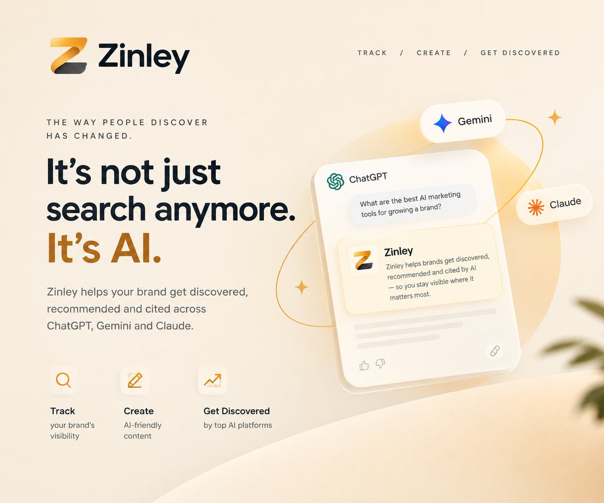 zinleyOg's tweet photo. The way people discover brands is changing.
Search results used to be links. Now, they’re answers.
Zinley helps you understand where your brand appears in those answers—and turn missed opportunities into visibility.
Track. Create. Get discovered. ✦
#AI #AISearch #Marketing #SEO https://t.co/S7H1NahpGe