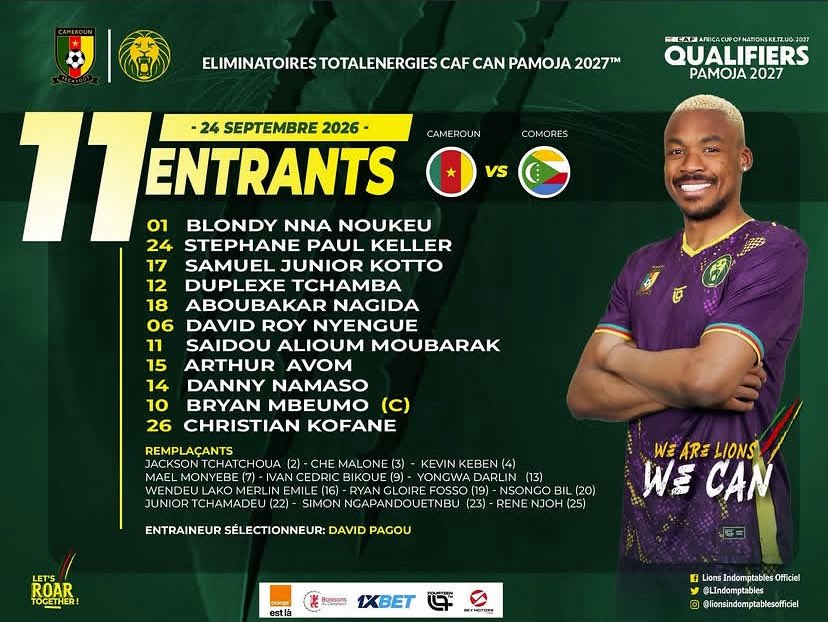 MCFoot237's tweet photo. 🚨 OFFICIEL — Le XI titulaire du sélectionneur David Pagou pour affronter les Comores ce soir à l’occasion du premier match des éliminatoires de la CAN. 🇨🇲⚔️🇰🇲

Stéphane Keller, David Roy Nyengue et Duplexe Tchamba sont titulaires pour la première fois sous l’ère Pagou. https://t.co/S2Pf3TdsiA