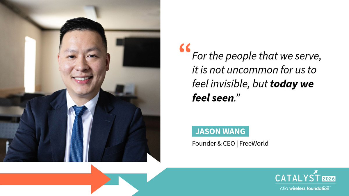 WirelessFdn's tweet photo. Our first-place winner Jason Wang, Founder &amp; CEO of @FreeWorld, took the stage at our #Catalyst2026 Awards Luncheon to express gratitude and to share what it means to be a Catalyst winner. https://t.co/5NC3T5MxlN