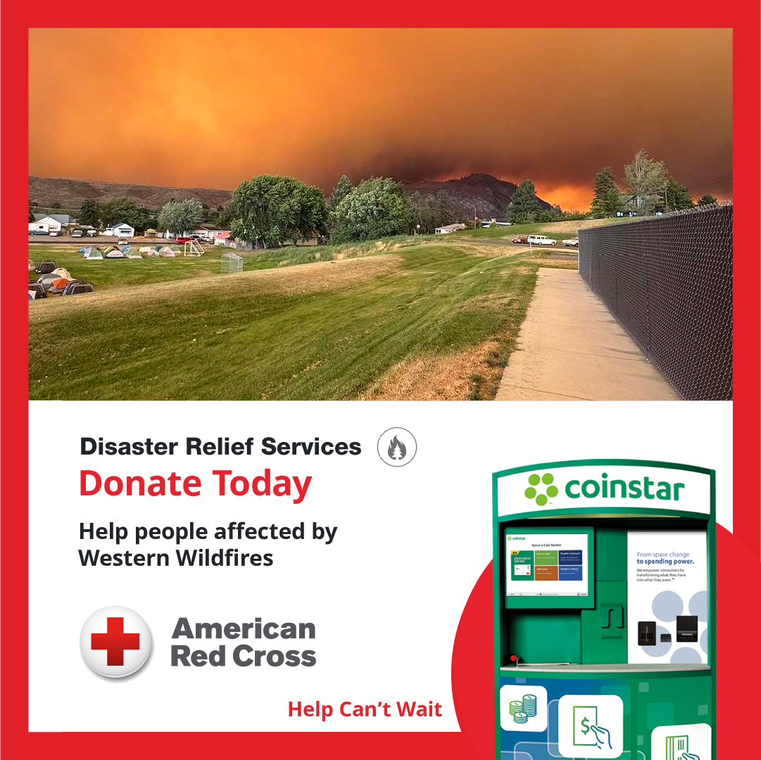 coinstar's tweet photo. Your coins can help people affected by Western Wildfires 2026. Find a kiosk today and donate to the American @RedCross – every coin counts! Find a kiosk: https://t.co/Mc7a0hTNXf https://t.co/NB63diTyBn