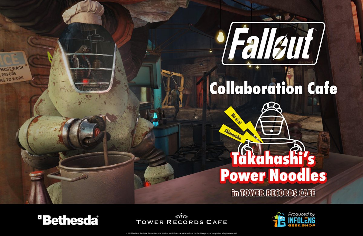Bethesda_jpn's tweet photo. #Fallout のコラボカフェが TOWER RECORDS CAFE 表参道店にて開催決定👍
📅 会期：10/22（木）〜  11/8（日）

ゲームの世界観に浸れるコラボメニューをご用意🍜
テイクアウトにはきれいな水も🫗

特設ページ 
https://t.co/U6k0lPTdAQ
#フォールアウト #Bethesda #FalloutCafe #FalloutCafeJP https://t.co/NVeNOJz5FU