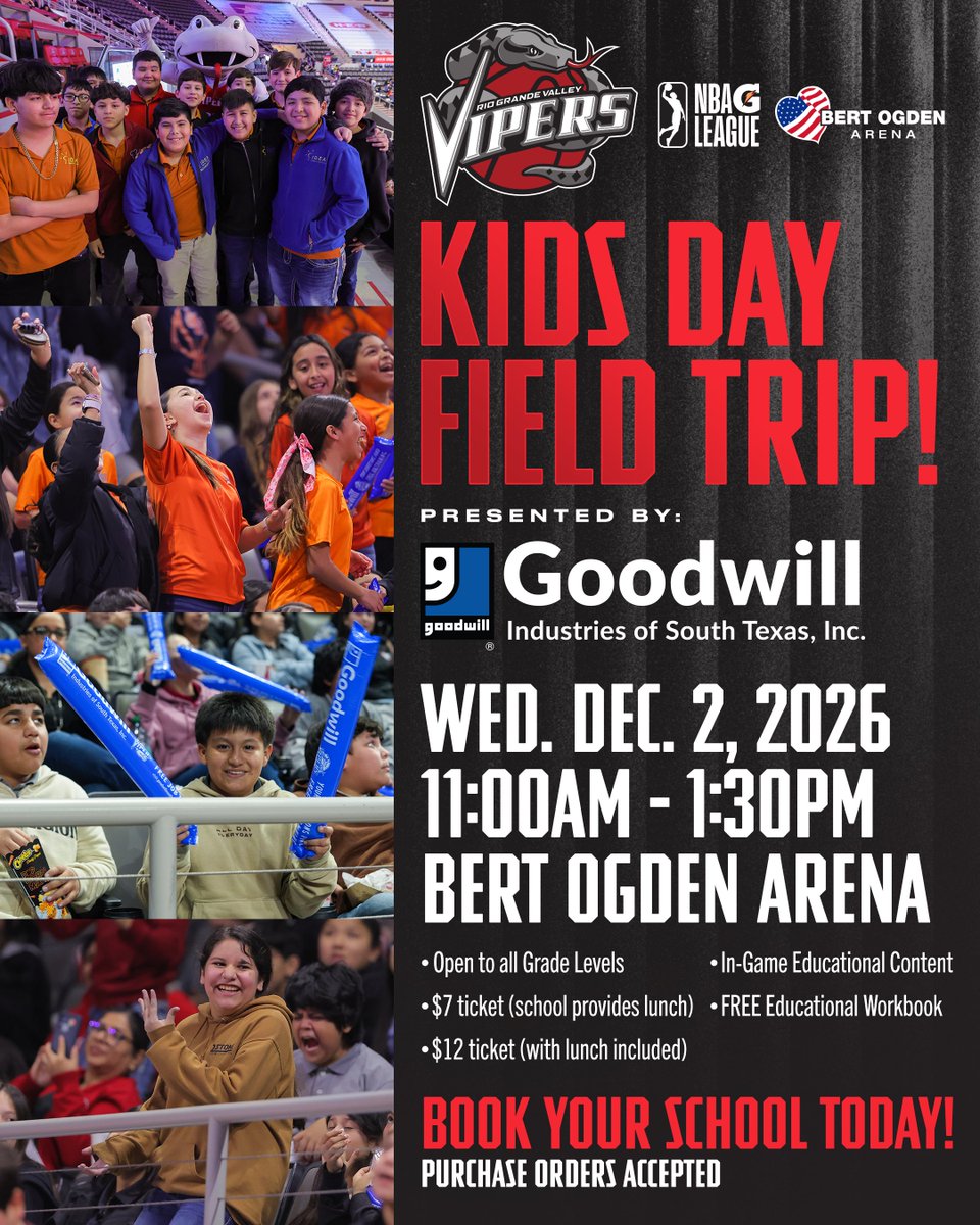 RGVVipers's tweet photo. Hello educators 👨‍🏫 

Has your school signed up for Kid’s Day yet?

Schools can register for the field trip by emailing info@rgvipers.com

📆 Wednesday, December 2nd
⏰ 11:00AM
📍 Bert Ogden Arena
🆚 OKC Blue https://t.co/CkJaynhTV6