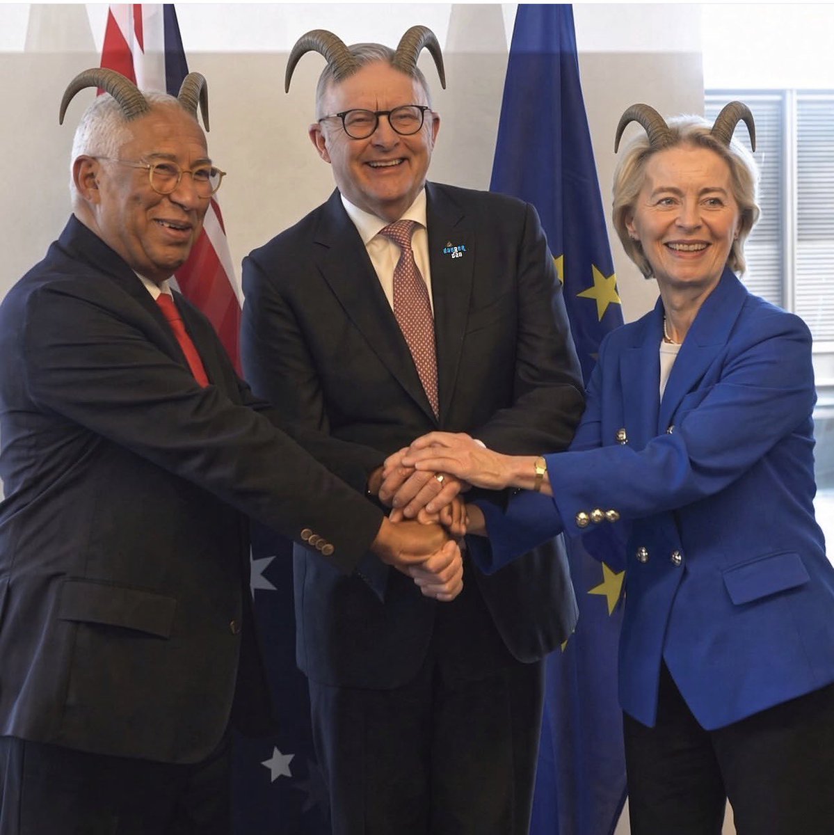 Ptcn_24's tweet photo. This image of three grinning goblins is actually horrifying and should send shivers down your spine. What you are seeing here is our low IQ and retarded Communist Prime Minister selling off what's left of our sovereignty to António Costa and European Commission President Ursula. https://t.co/CNDg0YZ0GG