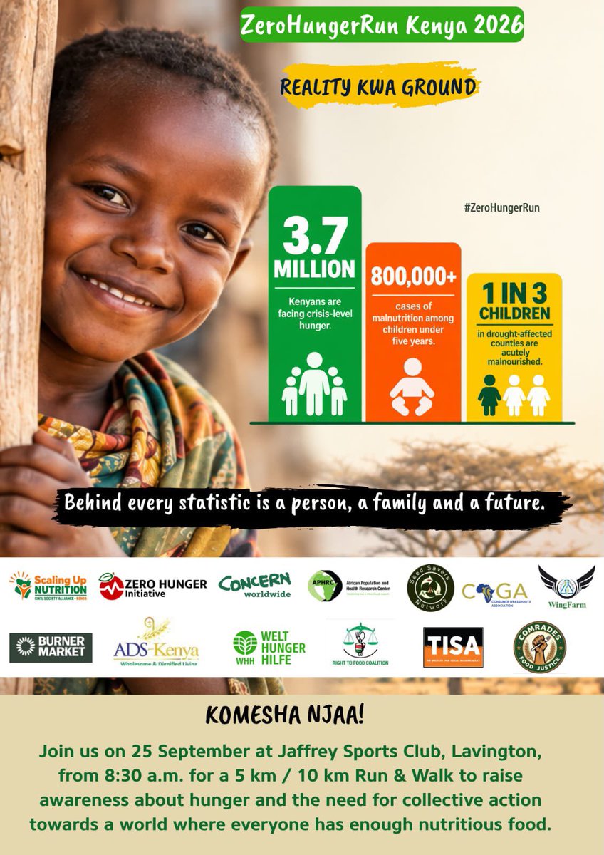 Liz_Kimani's tweet photo. Reminder!!! 

This #ZeroHungerRun2026* is happening tomorrow. The Run, organized by the *The Right To Food Coalition Kenya* in partnership with @aphrc through our #ZeroHungerInitiative  @Zero_Hunger_Ke starts at *8:30am tomorrow morning at Jeffrey Sports Club, Lavington.*

Those who like those morning moves and those passionate about a *world without hunger*, please join this morning *#ZeroHunger Run!*

It’s a Run and a Walk! Everyone can do it! 👏👏👏

🏃 🏃‍♀️ 🚶‍♀️