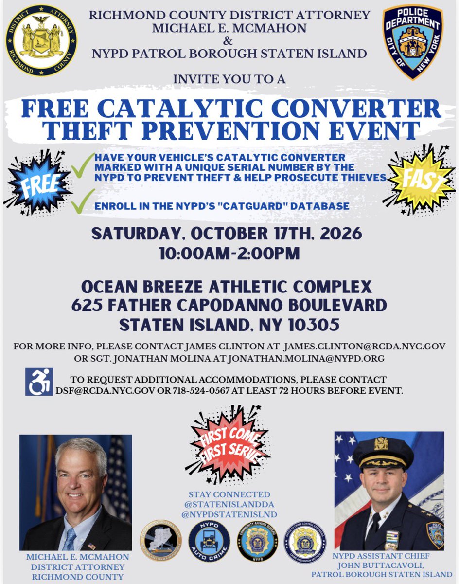 NYPD121Pct's tweet photo. Reminder ‼️

Please join your officers for the upcoming FREE ⬇️ Catalytic Converter theft prevention event! 

Saturday October 17th from 10:00-2:00 pm at Ocean Breeze athletic complex. 

625 Father Capodanno Boulevard https://t.co/e1esii3du1