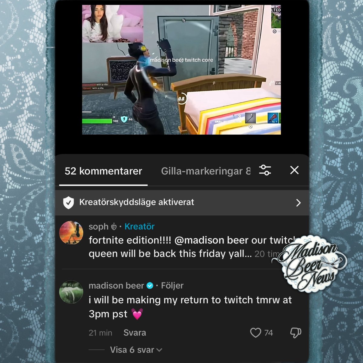 madisonchart's tweet photo. Madison Beer will stream on Twitch tomorrow at 3pm PST, in honor of her new Fortnite skin. https://t.co/IxaZFZKwfj