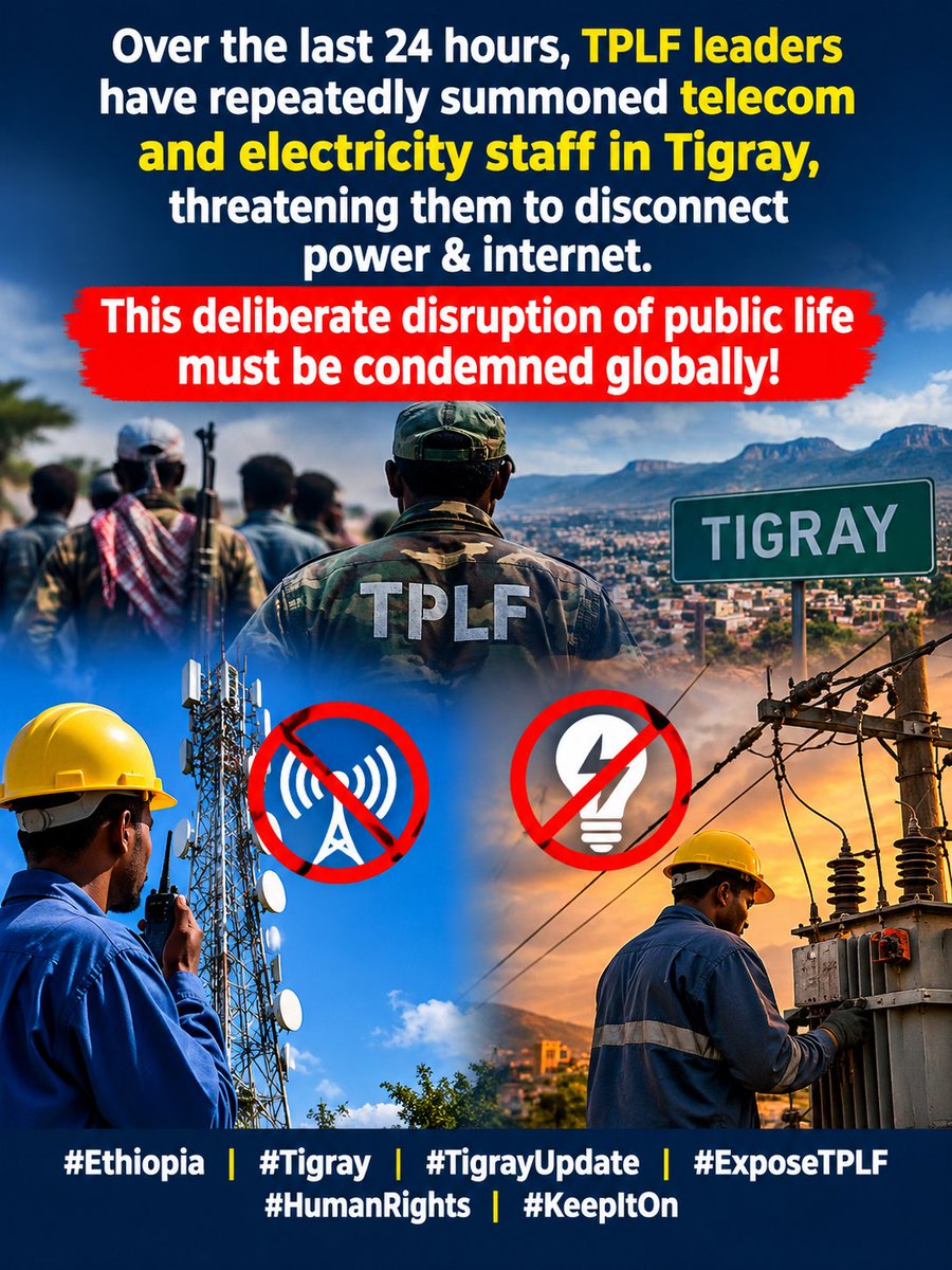 BikiltuMosisa1's tweet photo. Over the last 24 hours, TPLF leaders have repeatedly summoned telecom and electricity staff in Tigray, threatening them to disconnect power & internet. This deliberate disruption of public life must be condemned globally! #Ethiopia #Tigray #TigrayUpdate #ExposeTPLF #HumanRights https://t.co/yIv5mIVlUk
