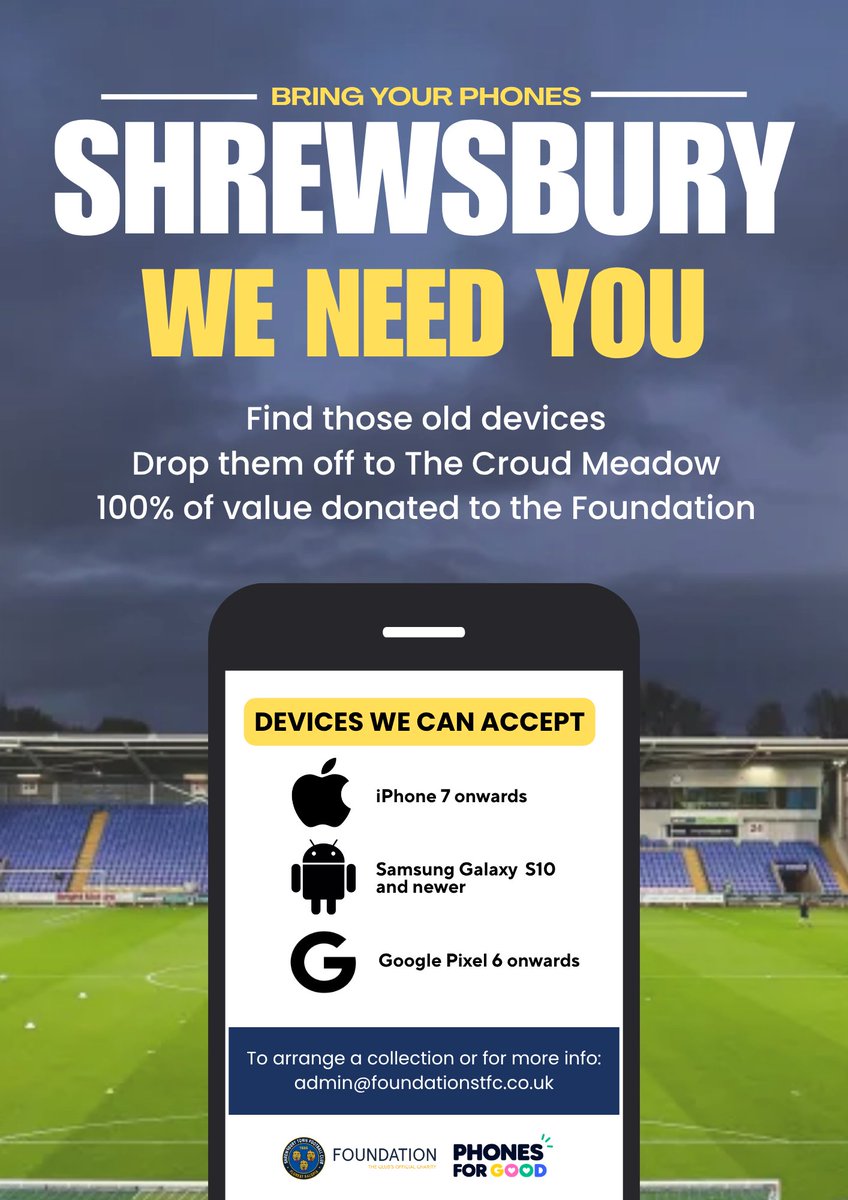 FoundationSTFC's tweet photo. If you are heading to this Saturday's fixture between Shrewsbury Town and Colchester United, could you bring an old or unused device to the game? 📱

Drop off any old devices at the Croud Meadow reception. 🚨

Find out more details below 👇

https://t.co/FPUAdYeLT6 https://t.co/JJ2cCGkKes