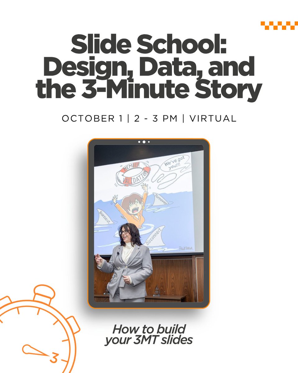 UTKGradSchool's tweet photo. Want to make your research slide stand out? Join a panel featuring campus experts, who will share practical tips for creating a slide that is clear, and compelling for any audience to understand. Attend virtually on October 1 from 2 - 3 PM. Learn more at https://t.co/TlpkFwYydo https://t.co/mjqmtpySXB