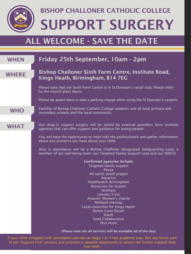 BishopChalloner's tweet photo. REMINDER - SUPPORT SURGERY - FRIDAY 25th SEPTEMBER - Bishop Challoner Sixth Form Centre - please see details in poster. ALL WELCOME! https://t.co/unIBBxY2kj