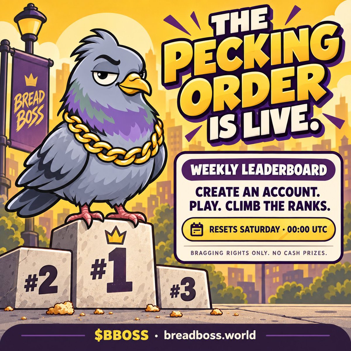 breadboss_world's tweet photo. The sidewalk has a pecking order now. 🐦🍞

🏆 Weekly leaderboard
👤 Player accounts
🎮 Best score wins bragging rights
🔄 Resets Saturday, 00:00 UTC

Create an account, save your recovery code, and turn off Practice mode to compete.

Who runs the block?

https://t.co/HixdUr6Oe8
$BBOSS