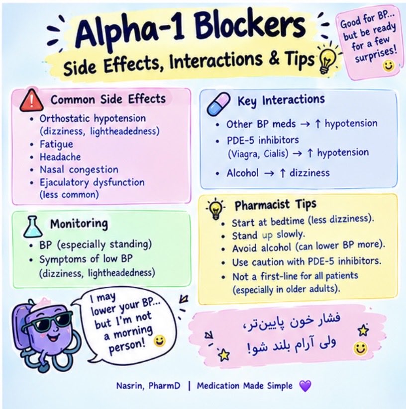 Nasrinart62's tweet photo. 💊 Two hypertension classes, two personalities! 😂

🧂 MRAs: block aldosterone → BP ↓, but K⁺ can ↑ ⚠️
🩸 Alpha-1 blockers: relax vessels → BP ↓, but stand up slowly! 😅

کمتر آلدوسترون = فشار کمتر، ولی حواست به پتاسیم باشه!
عروق ریلکس = فشار کمتر، ولی آروم بلند شو! 😂 https://t.co/IfrI3ufgNz