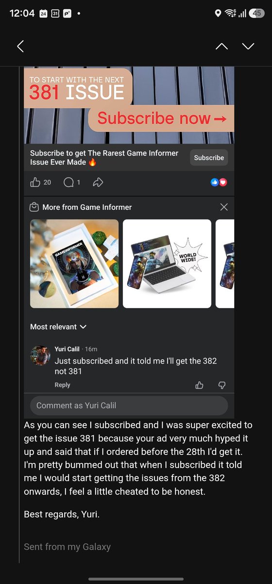 kanguruhbr's tweet photo. I feel straight up scammed into a subscription to a magazine I loved, @gameinformer. The ad that showed up in my Facebook feed was supposed to be US only but it wasn't and now I have to pay for it. You guys were better than this in the past. https://t.co/fNpsKu68B3