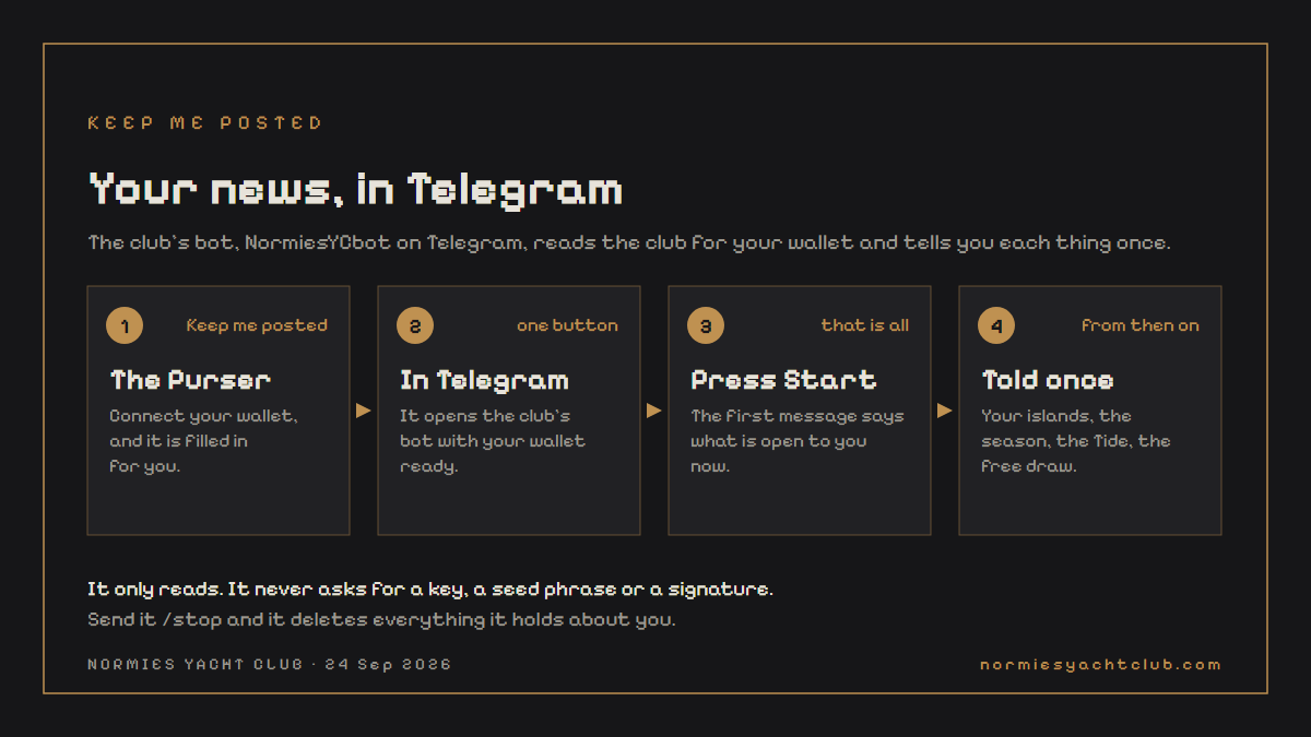 NormiesYC's tweet photo. Hey Sailors,
Keep me posted comes to @telegram ⛵️🫡

1. Open The Purser, 
2. connect your wallet, 
3. and in Keep me posted press In Telegram, 
4. then Start. 
That is all. 

The club's bot (NormiesYCbot) sends you what is new for your wallet, each thing once: 
your islands, the season, the Tide, today's free draw, and work posted at the islands once it opens.

It only reads. 
It holds no key, it can do nothing for you and it will never ask you for a key, a seed phrase or a signature. 
The only one is NormiesYCbot, linked from The Purser.
Anybody else is not the club.

Send it /stop and it deletes everything it holds about you.

It does not keep your watch. 
The Daily watch does that, from your own GitHub, with a key only you hold.

We're about to get down to business...👀