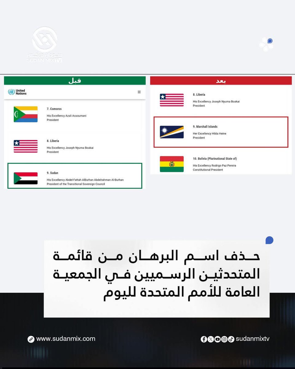WedAlsheikh1's tweet photo. حذف اسم البرهان من قائمة المتحدثين الرسميين في الجمعية العامة للأمم المتحدة لليوم

 #قناة_سودان_ميكس    
 #السودان https://t.co/EbutHZv5cW