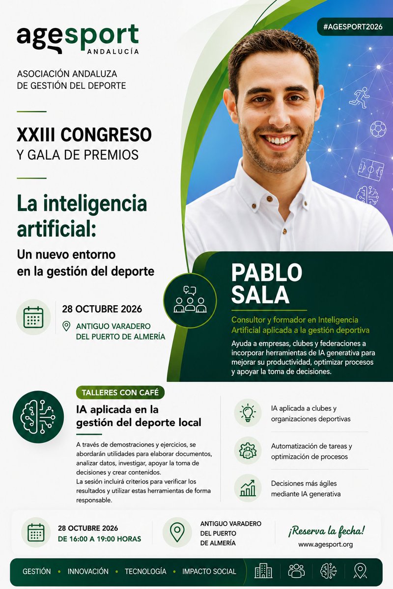 AGESPORT's tweet photo. ☕🤖 ¡𝗖𝗼𝗺𝗽𝗹𝗲𝘁𝗮𝗺𝗼𝘀 𝗹𝗮 𝗽𝗿𝗲𝘀𝗲𝗻𝘁𝗮𝗰𝗶ó𝗻 𝗱𝗲 𝗽𝗼𝗻𝗲𝗻𝘁𝗲𝘀 𝗱𝗲𝗹 #CONGRESOAGESPORT2026!

Te presentamos a Pablo Sala 📨⚽, consultor y formador en 𝗜𝗻𝘁𝗲𝗹𝗶𝗴𝗲𝗻𝗰𝗶𝗮 𝗔𝗿𝘁𝗶𝗳𝗶𝗰𝗶𝗮𝗹 𝗮𝗽𝗹𝗶𝗰𝗮𝗱𝗮 𝗮 𝗹𝗮 𝗴𝗲𝘀𝘁𝗶ó𝗻 𝗱𝗲𝗽𝗼𝗿𝘁𝗶𝘃𝗮. https://t.co/gWbKuYJy4N