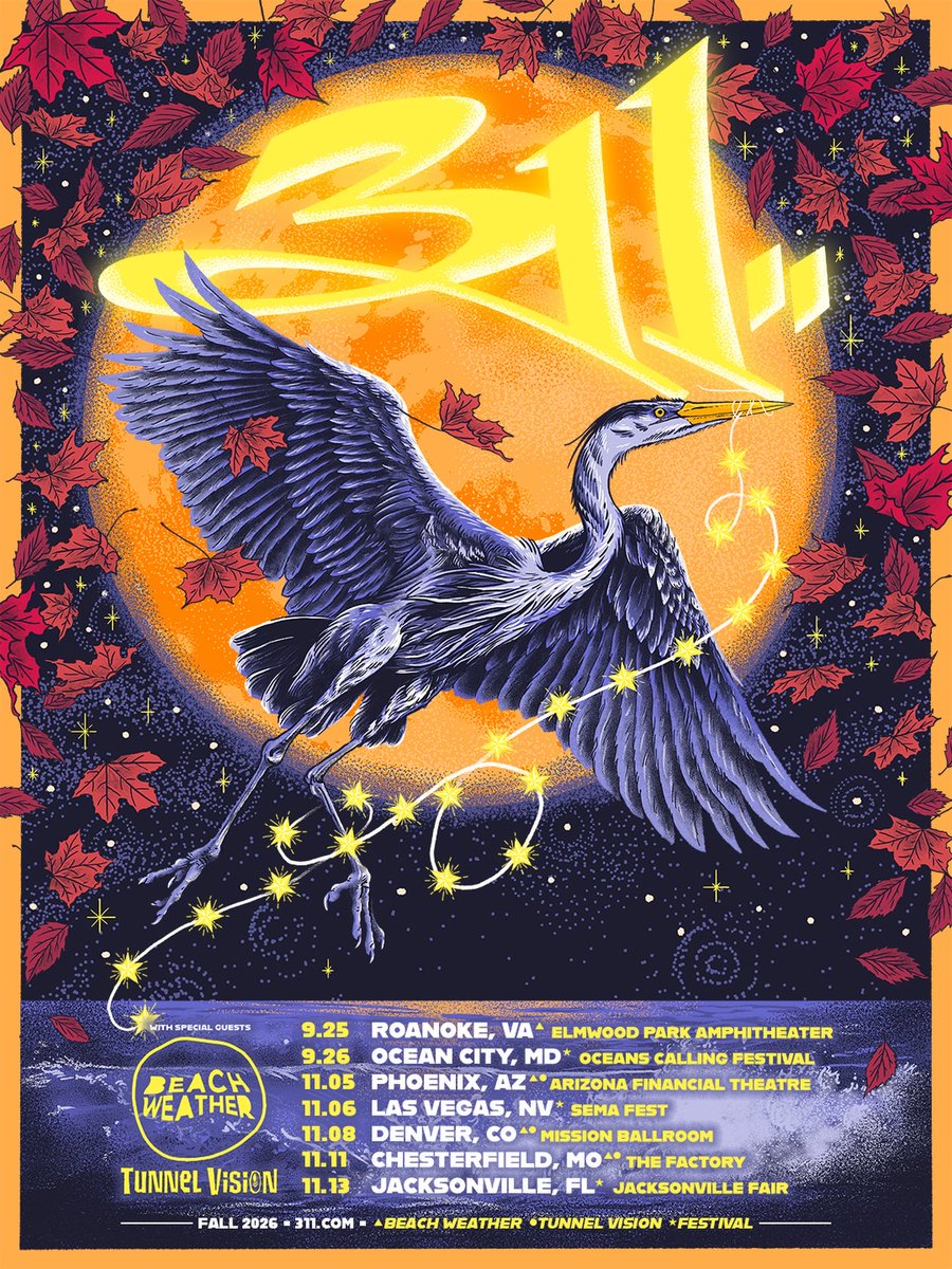 311's tweet photo. Excited to be back out on the road for our fall tour with @BeachWeather + @tunnelvisionsc tomorrow! 🍂🍁 Who will we be seeing this week!?

https://t.co/34m6Wu2wuJ https://t.co/IaLNdipxIm