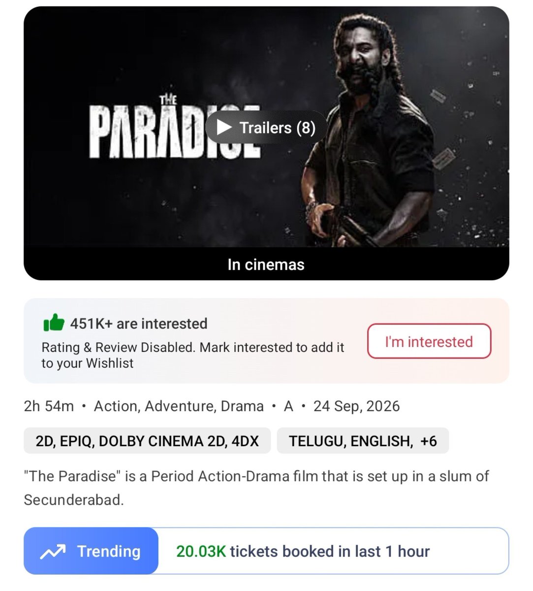HailPrabhas007's tweet photo. Endi idi ila kummutundi 🥵🥵.... Already advance bookings huge unnay, and rod talk, ayina kuda working day roju bookmyshow lo 20K hourly ticket sales trending 🤯🔥 #TheParadise https://t.co/rpBuxq8UoM