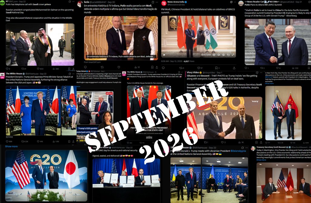 TheDebriefing17's tweet photo. 🤔September wasn’t just a month of handshakes it was a convergence window. Rivals, allies, Treasury officials and world leaders were all at the table while trade, debt, minerals, settlement and financial architecture were being rewritten.

Different countries. Different lanes. Same timeline.
