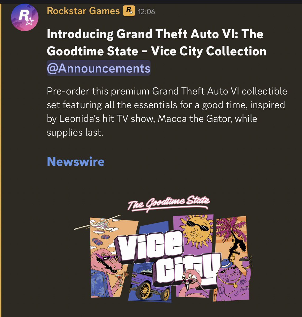 w6playbr's tweet photo. Garanta na pré-venda este conjunto premium de itens colecionáveis de Grand Theft Auto VI, com tudo o que você precisa para se divertir. Inspirado em Macca the Gator, o programa de TV de sucesso de Leonida. Disponível enquanto durarem os estoques. https://t.co/stOnMEhnvo