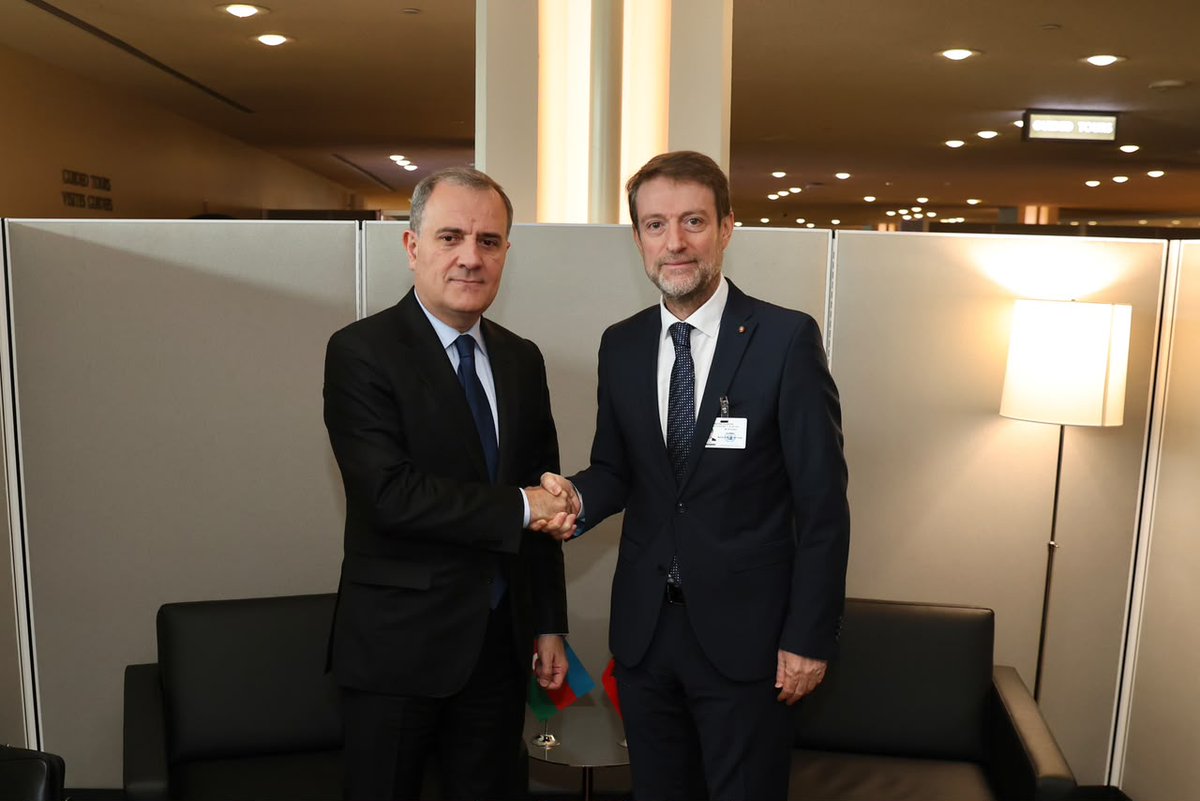 HoxhaFer's tweet photo. 📍New York -- On the margins of #UNGA81, I was pleased to meet with H.E. Jeyhun Bayramov @Bayramov_Jeyhun, Minister of Foreign Affairs of the Republic of Azerbaijan. 🇦🇱🇦🇿

Our discussion reaffirmed the excellent relations between #Albania and #Azerbaijan and our shared commitment to further strengthening political dialogue, economic cooperation and people-to-people ties. Reflecting the growing depth and maturity of our partnership, we expressed our determination to further advance our relations, building on the strong foundations already established between our two countries.

We reviewed progress across a number of areas of mutual interest, particularly in energy, the economy, connectivity and tourism, and highlighted the significant potential to further expand cooperation in all sectors that contribute to economic growth, #energy security and regional interconnectivity.

We exchanged views on regional and international developments, including the current dynamics between Azerbaijan and #Armenia, reaffirming our support for dialogue, international law and diplomacy as essential instruments for promoting peace, stability and sustainable development.