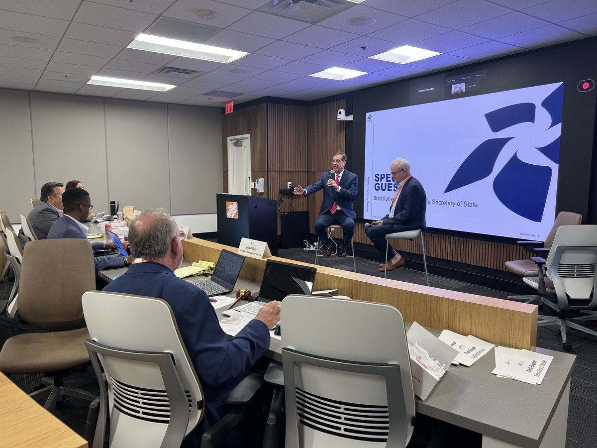 GaSecofState's tweet photo. Georgia’s elections are the gold standard for security, integrity, and transparency.

Thank you to the Technology Association of Georgia Board for the opportunity to share how our office is working to keep elections safe and secure. https://t.co/WHZfs5BDTC