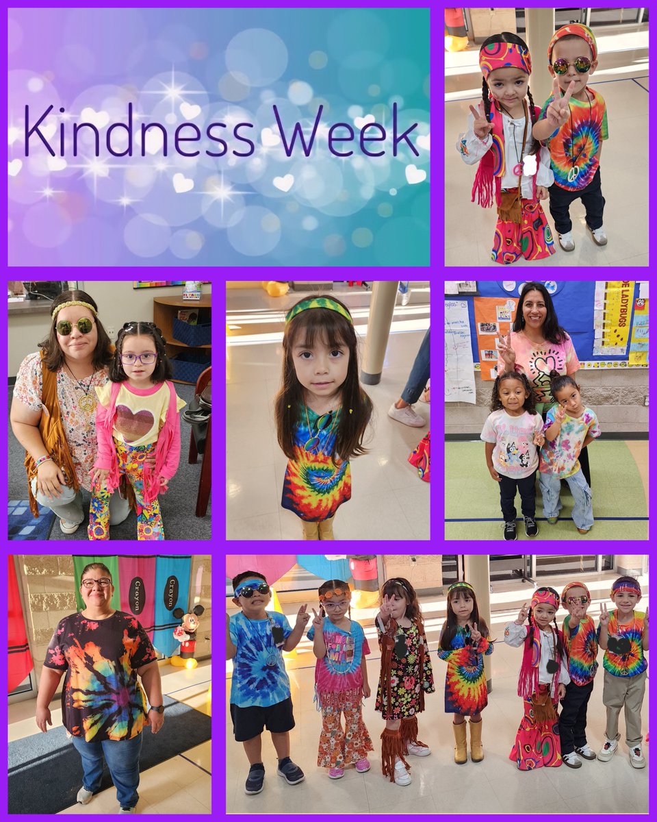 YsletaPreK's tweet photo. Kindness Week continues at YPK! We’re celebrating Peace & Love by dressing like hippies and wearing colorful tie-dye! ☮️ 🌈 ✌️ Our Teddy Bears are spreading kindness, peace, and positive vibes all around our campus. 💕🧸 Let’s continue to show that a little kindness can make a BIG difference! 💗 #KindnessWeek @YsletaISD @PK8Academics @YISDCounseling