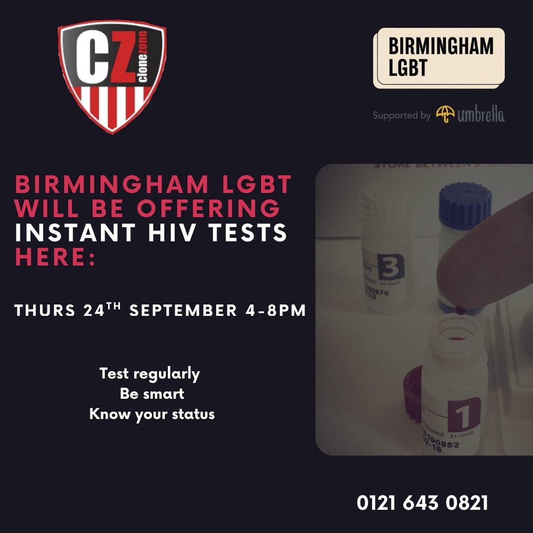 ClonezoneBRUM's tweet photo. The fabulous Nathan &amp; Cliff from Birmingham LGBT
are here today with their pop-up clinic - 4pm-8pm  

Offering instant HIV tests and...
...any other advice you may need

Pop down and see them

#knowyourstatus
@ClonezoneBRUM
@birminghamlgbt https://t.co/e0mhp40Fch