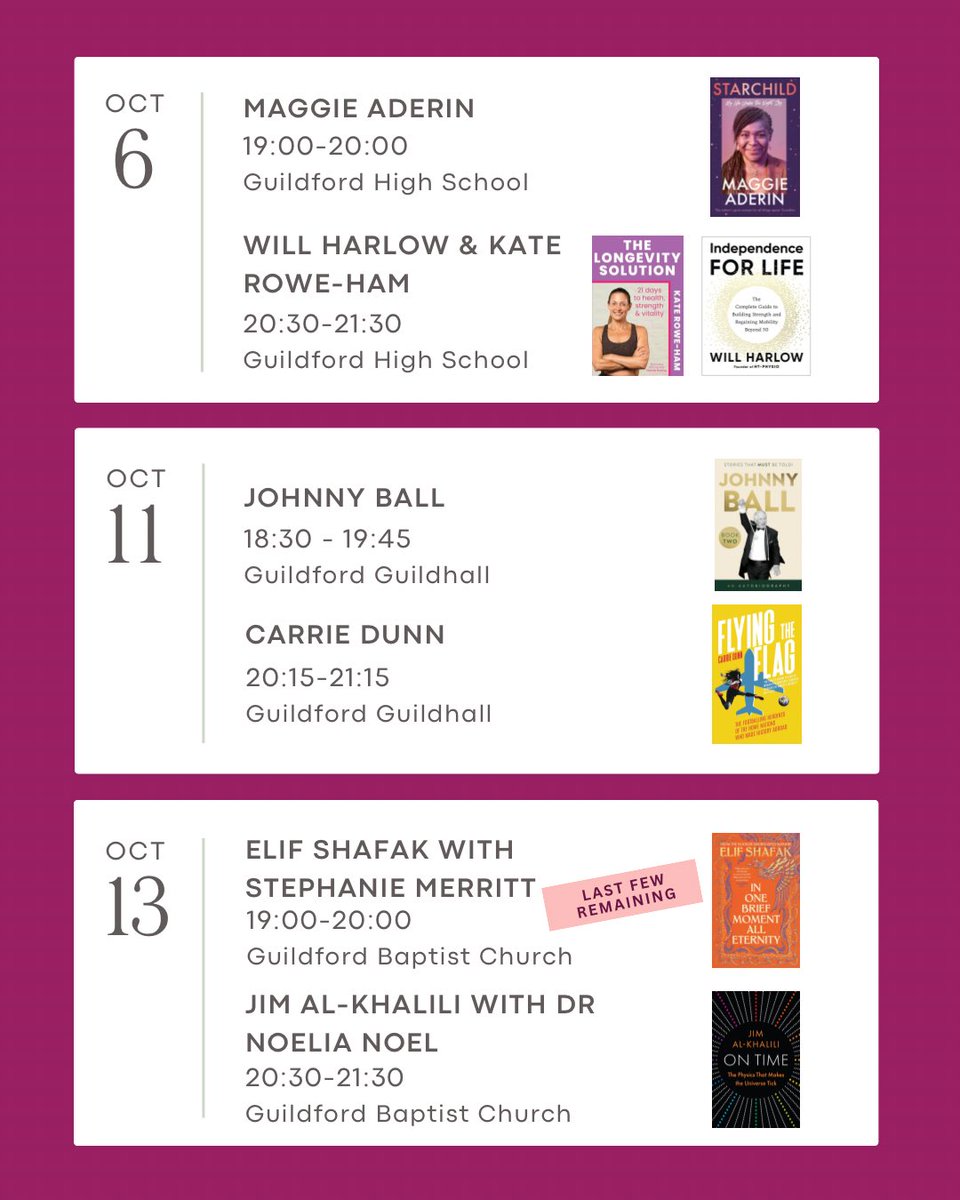 GfordBookFest's tweet photo. Booked a ticket for one of our events already? Check to see if itโs a back to back event, and grab a ticket for the other!๐
๐๏ธ https://t.co/d2RU8b3cxF
Note: Caroline Quentin with Kate Bradbury and Jeremy Wade are both SOLD OUTโ๏ธ
#thingstodoinguildford #thingstodoinsurrey https://t.co/yzkEbZxcvP