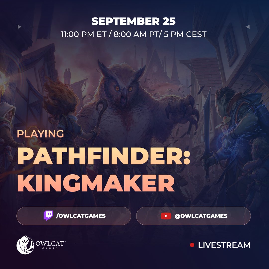 OwlcatGames's tweet photo. Pathfinder: Kingmaker turns 8 tomorrow!

Our very first game came out on Sept 25, 2018. We remember our roots — so on its birthday, we're heading back to the Stolen Lands. Join our stream for some nostalgia and share your own KM stories!

📅 September 25 — 8:00 AM PT / 11:00 AM ET / 5:00 PM CEST