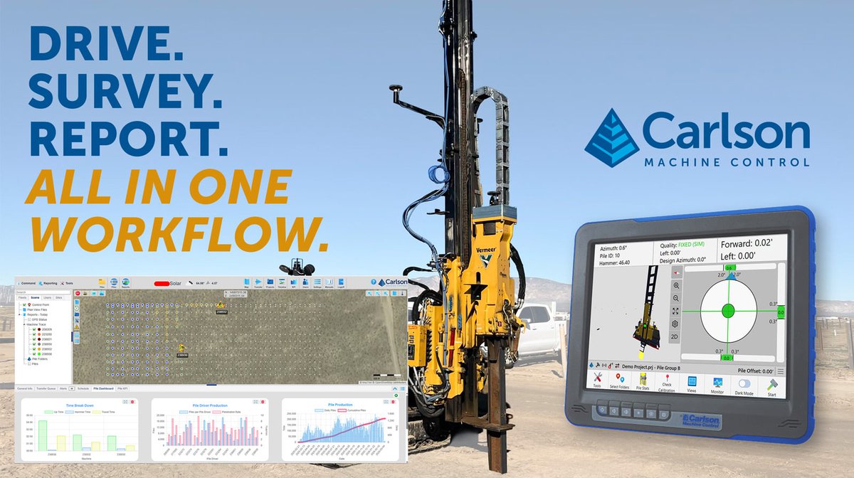 CarlsonSoftware's tweet photo. Drive. Survey. Report. All in one workflow.

With Carlson Machine Control, piles can be surveyed as they’re driven—capturing accurate as-built data right from the machine. That means fast, easy creation of piling reports and as-builts without additional surveying activities on site.
Less fieldwork. Fewer delays. Better documentation.

Learn more👉 https://t.co/b6u0BezSfE

#CarlsonSoftware #MachineControl #PDGrade #Piling #ConstructionTechnology #AsBuilt #Surveying