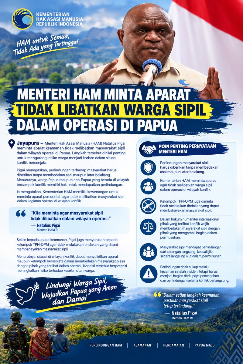 Irmansy79920289's tweet photo. 🕊️ Lindungi Warga Sipil, Jaga Papua Tetap Damai
Menteri HAM Natalius Pigai meminta aparat keamanan tidak melibatkan masyarakat sipil dalam operasi di wilayah konflik Papua.
#Papua #HAM #HakAsasiManusia #WargaSipil #PapuaDamai #PerlindunganMasyarakat #PerdamaianPapua https://t.co/EkI2tt6BNf
