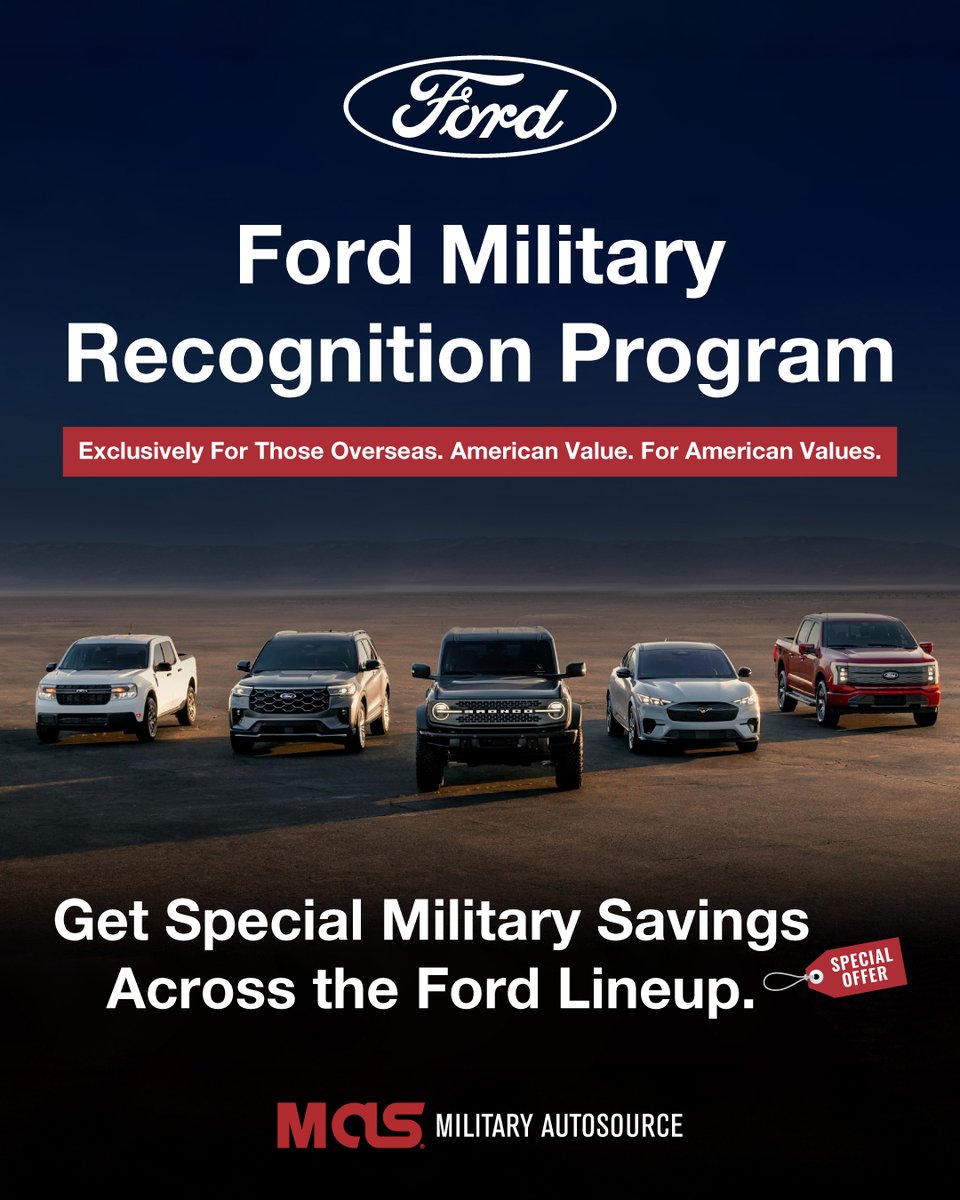 nancymarti45174's tweet photo. In honor of Military Appreciation Month, overseas U. S. Military and DoD members can save up to $6, 000 on Ford vehicles through June 9. Choose from military-only inventory or custom-build your ideal truck, sports car, or SUV. https://t.co/Cz8PSWLIop