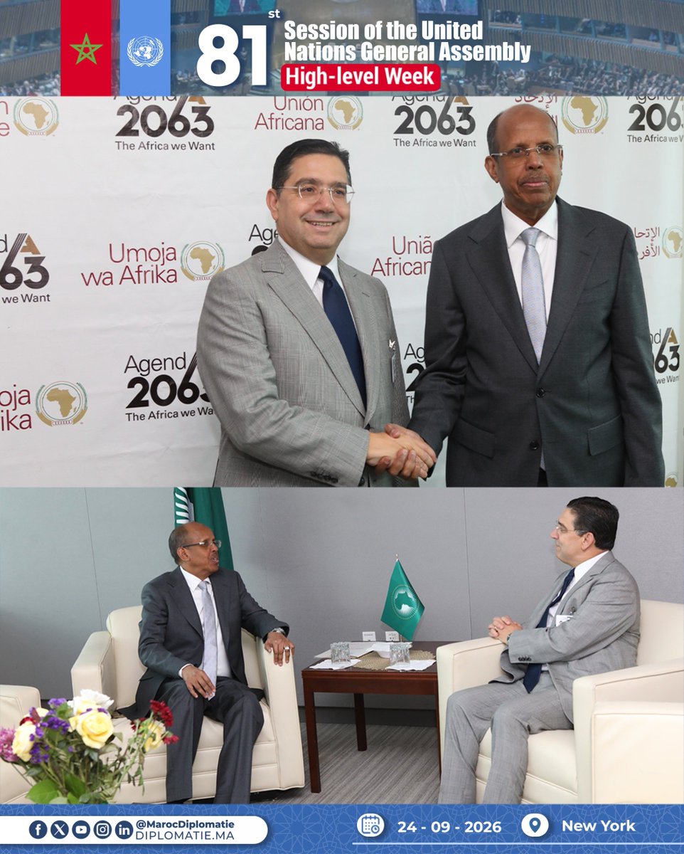 Marocdiplo_EN's tweet photo. On the sidelines of the High-Level week of the 81st session of the UN General Assembly, MFA Nasser Bourita held talks, today in New York, with the Chairperson of the #African_Union_Commission, Mr. Mahmoud Ali Youssouf https://t.co/shWnMtCuCJ