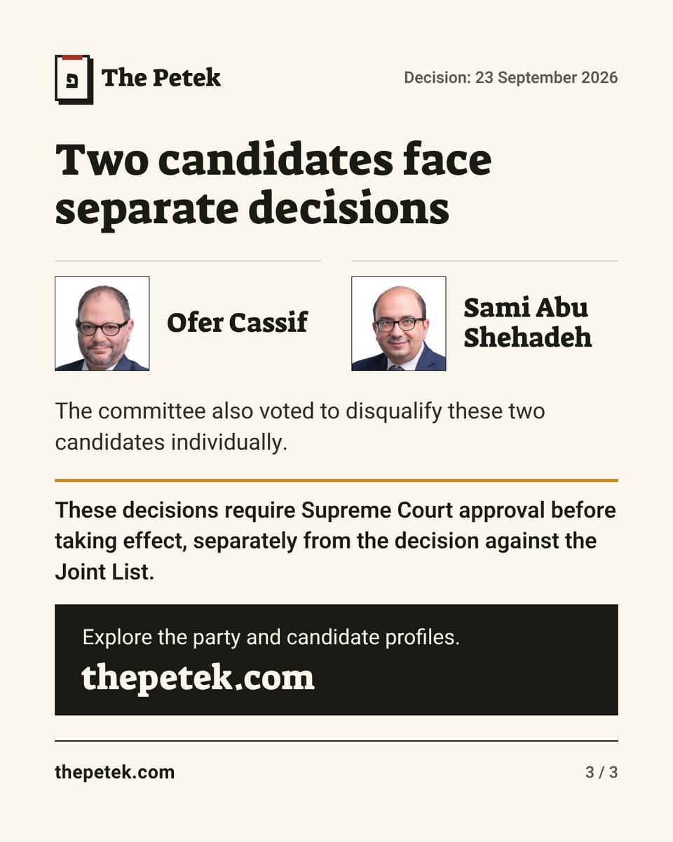 _ThePetek's tweet photo. Ra’am and the Joint List were disqualified by Israel’s election committee on 23 Sept. Both can appeal to the Supreme Court.

Individual disqualifications of Ofer Cassif and Sami Abu Shehadeh require court approval.

Party profiles: https://t.co/pS327RT464
#IsraelElections https://t.co/tyeTsJE5aw