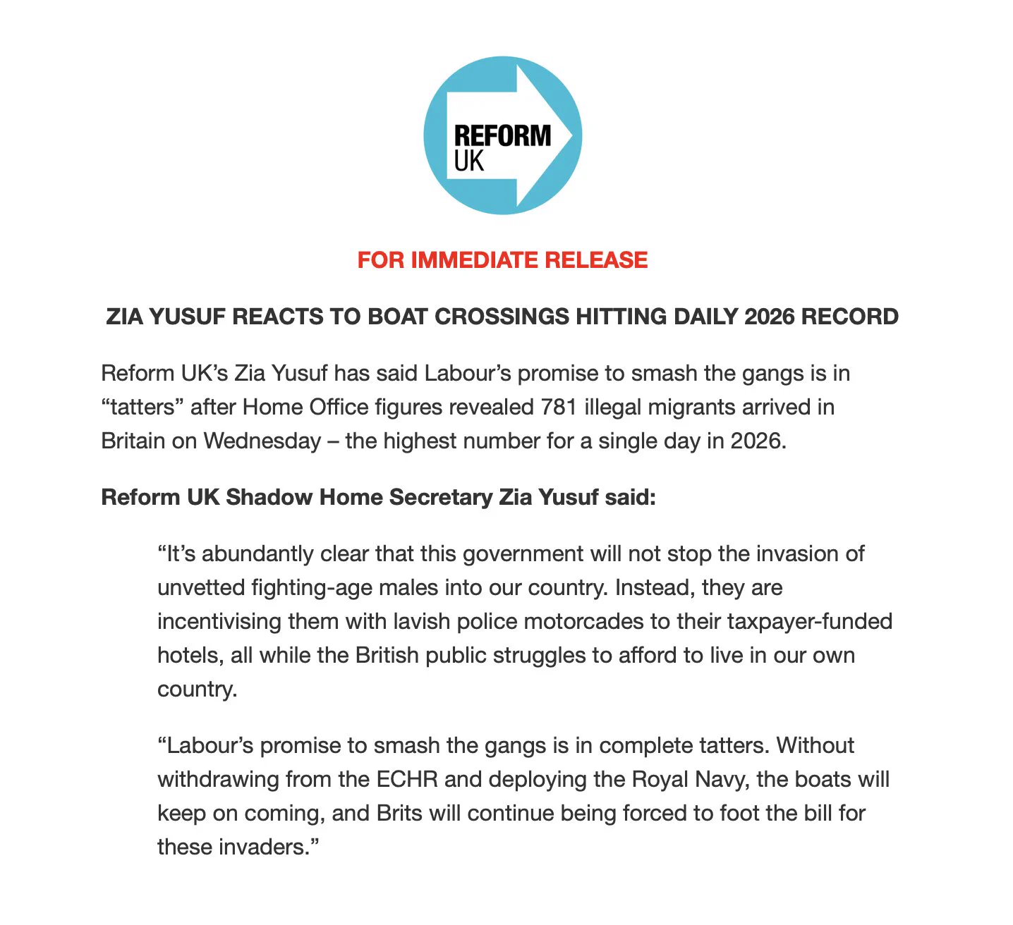 Reform UK posts statement on immigration, labels it 'escalating invasion'