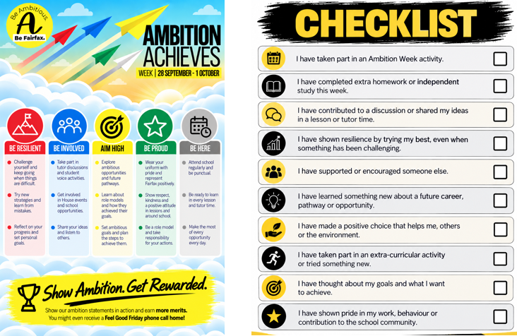 FairfaxSchool's tweet photo. Ambition Week is coming to Fairfax!
From 28 September to 1 October, students will take part in a range of activities and challenges focused on being resilient, involved, aiming high, being proud and being here. #AmbitionWeek #WeAreFairfax #BeAmbitiousGetRewarded @FFaxPrincipal https://t.co/xuG2ryZSZ6